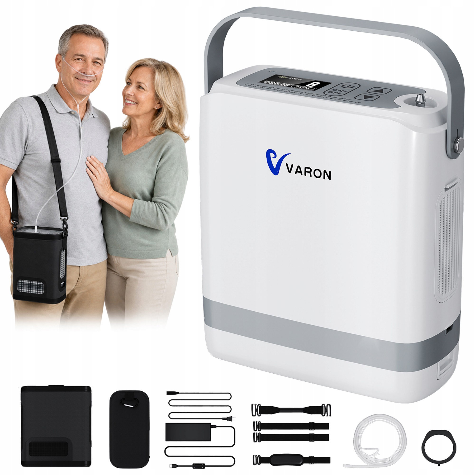 Varon Przenośny Koncentrator Tlenu 96%, 1-8 L/min Impulsowy, Waga 1.9 Kg