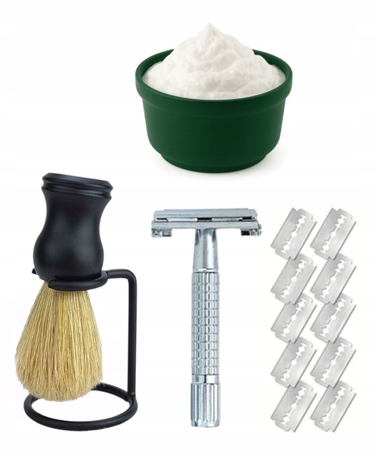 Štětec na holení Premium Strojek na žiletky 10 ks Mýdlo na holení