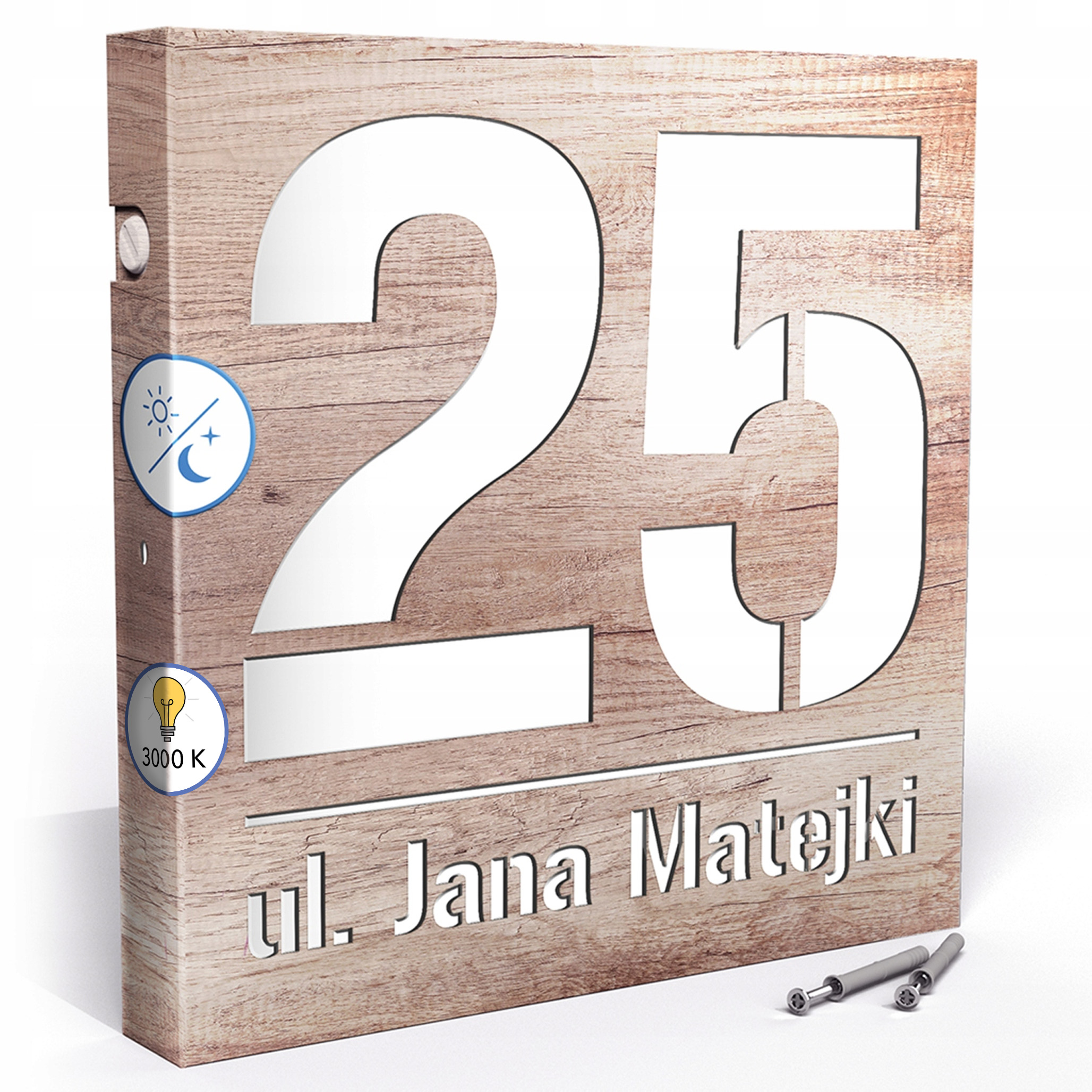 Led tabulka 3000k senzor 30x30 cm Teplá barva Číslo na dům Dub Turner
