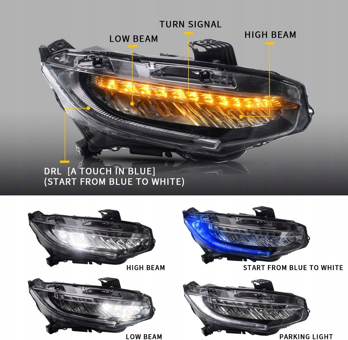 ФАРА ФАРИ Перед КОМПЛЕКТ  ПОВНИЙ КОМПЛЕКТ LED DRL VLAND EUROPA HONDA CIVIC X 2016 - 2021 Тип автомобіля 4x4suv Авто легкові foto 3