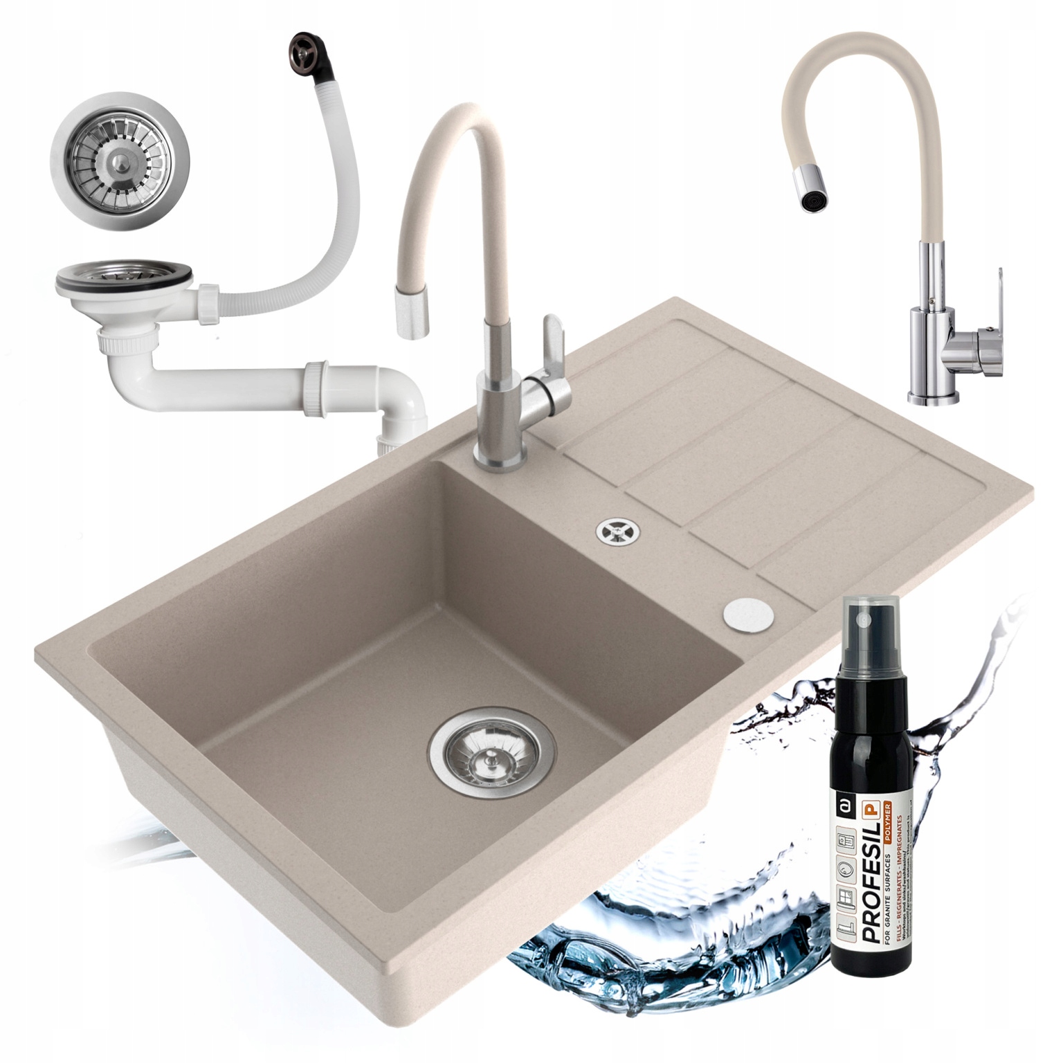 Drezový Kuchynský Drez Granitový Jednokomorový Batéria Flexibilný Sifón