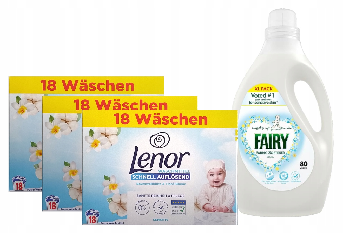 Fairy Fabric Softener pro hypoalergenní oplachování 80 a Lenor Sensitive 18px3