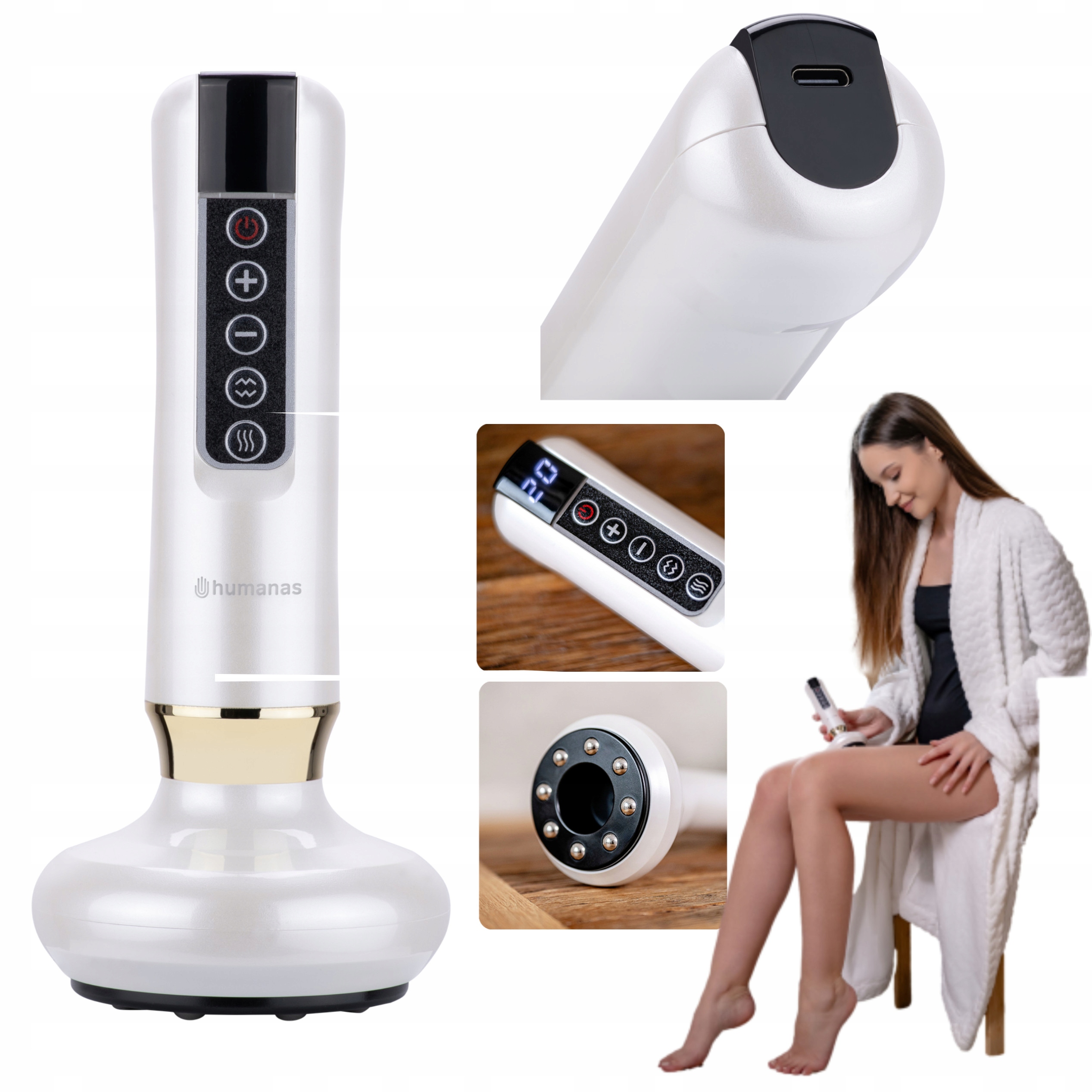 Masażer Antycellulitowy Z Funkcją Bańki Chinskiej Biały Humanas Dermasmooth