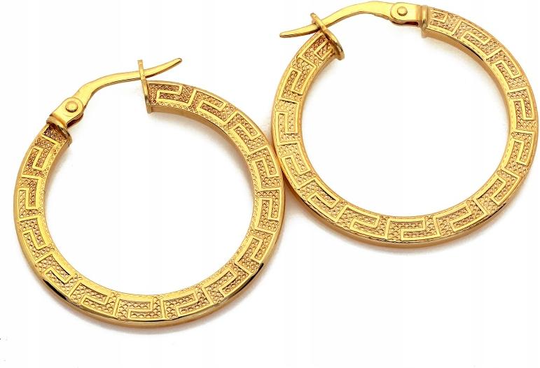 Módní zlaté náušnice 585 kruhy zdobené řeckým vzorem 27 mm jako dárek