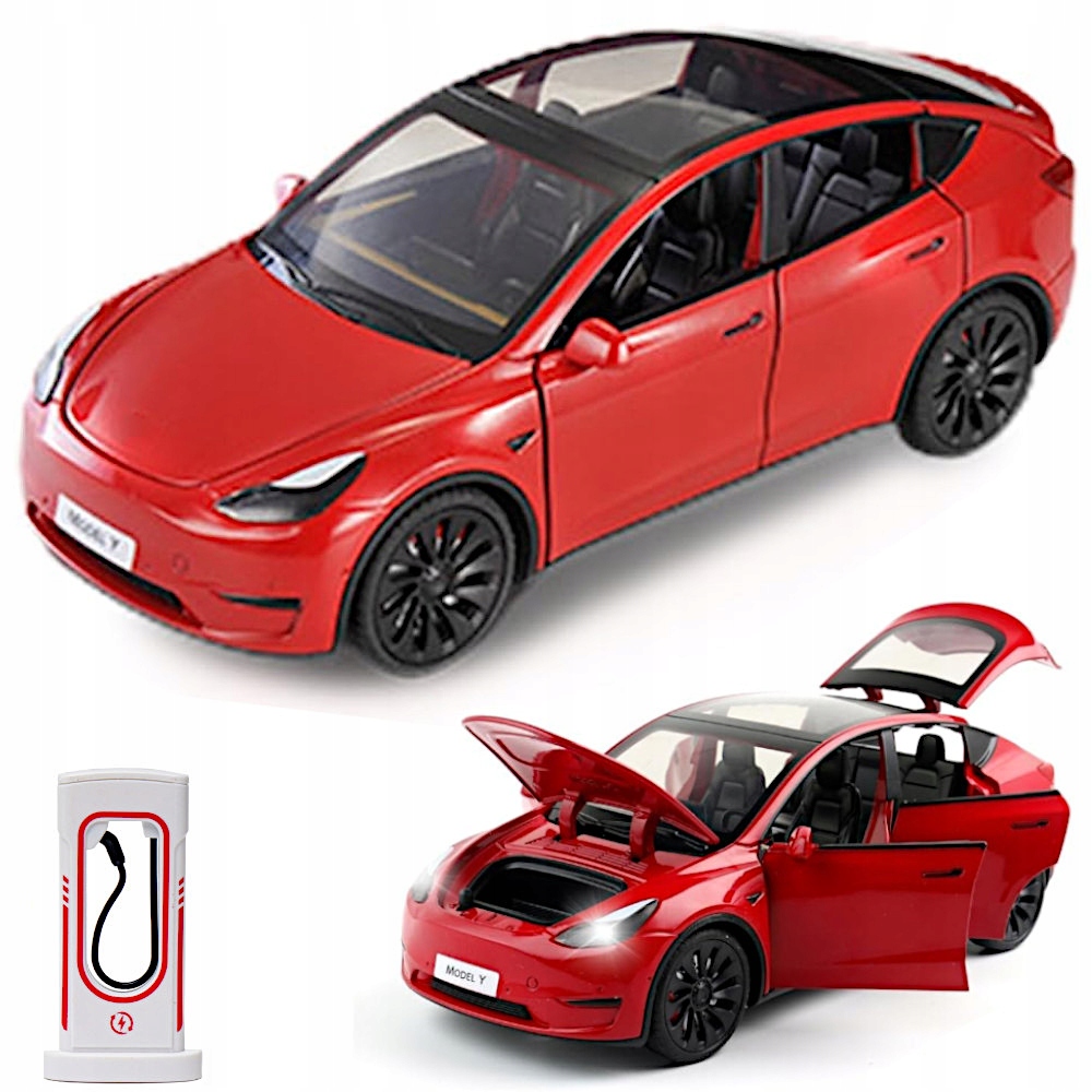METALOWY MODEL TESLA Y NAPĘD ŚWIATŁA LED DŹWIĘK OTWIERANE DRZWI MASKA 1:24