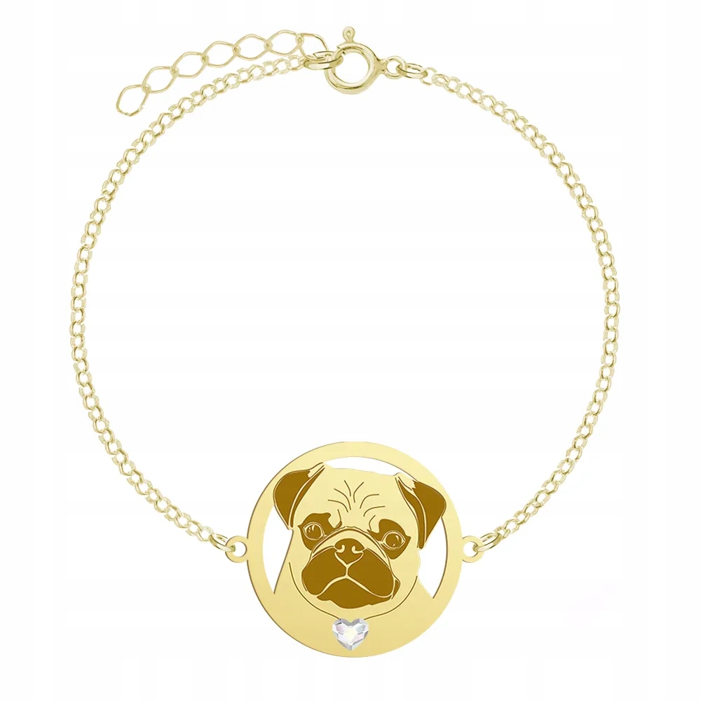 Zlatý náramek s psem Mops Pug 925 Šperky Řetízek Dárek Gravírování