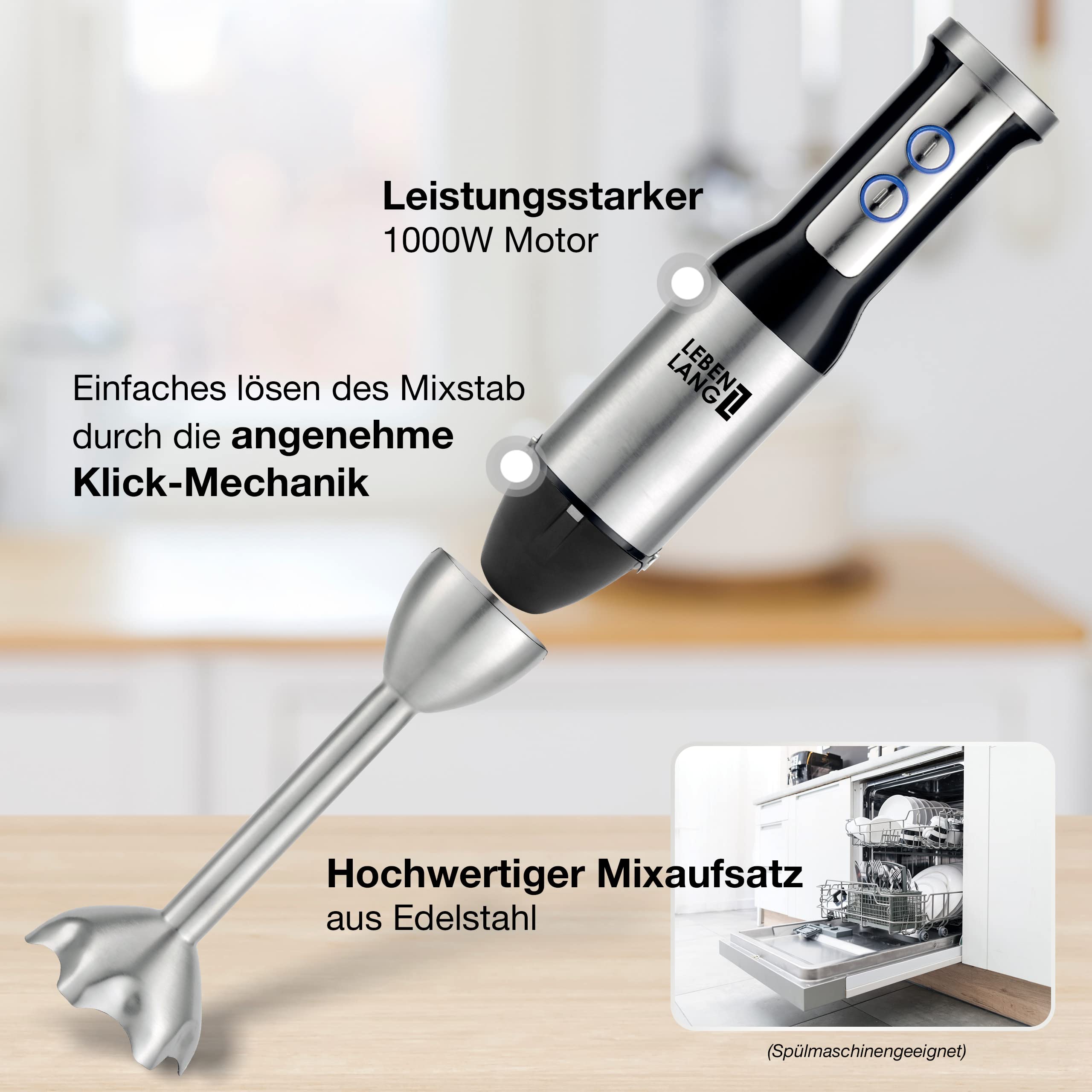 LEBENLANG Blender Ręczny 1000W Stal Nierdzewna 8 Prędkości Turbo — miniatura 2