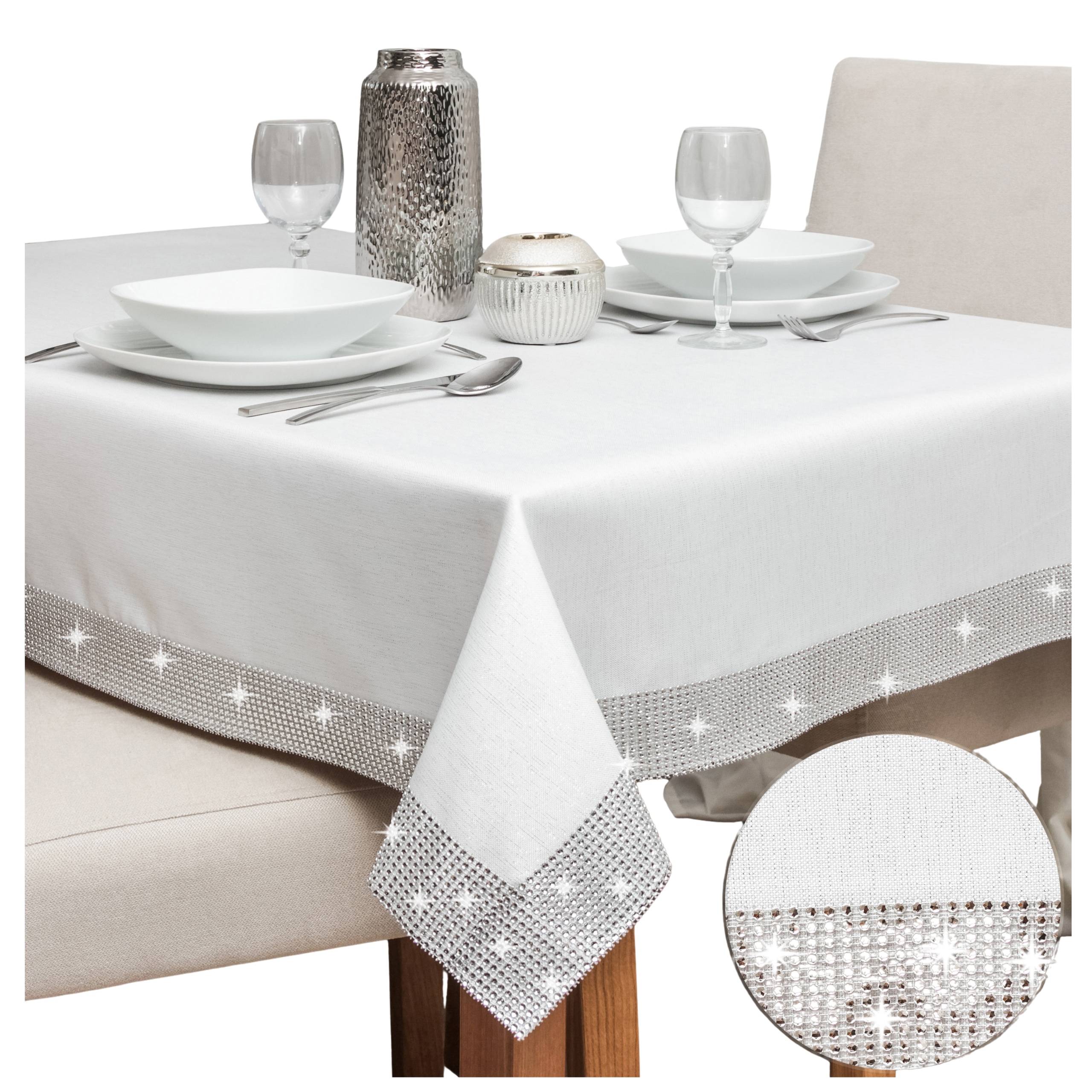 Biały Obrus na stół błyszczący W srebrne Cyrkonie Glamour 150x260 cm