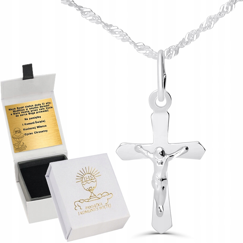 NASZYJNIK SREBRNY KRZYŻYK KRZYŻ JEZUS NA KOMUNIA NA CHRZEST SREBRO GRAWER