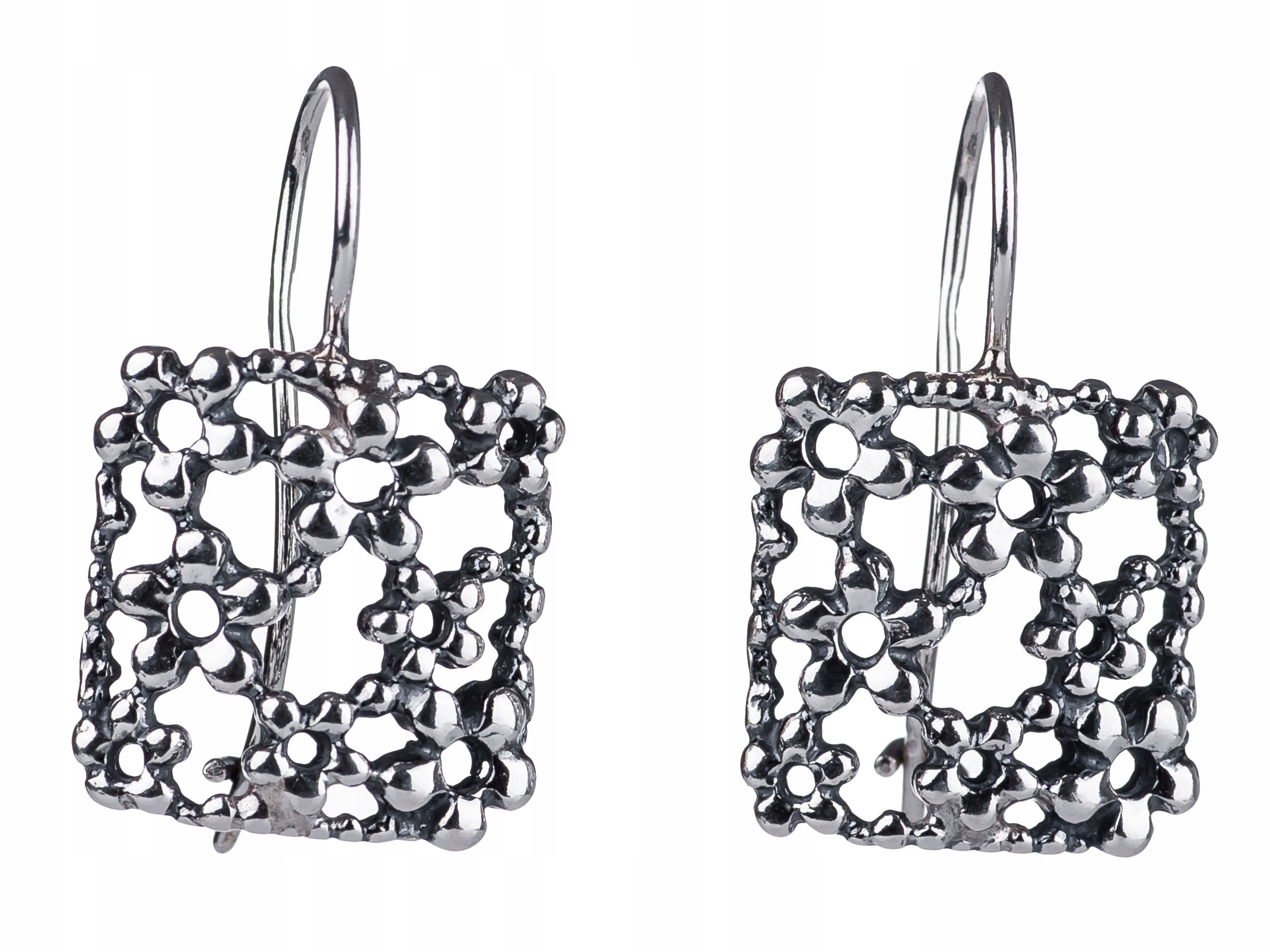 Stříbrné Náušnice Závěsné květiny Velké čtverce Bigiel Oxidované Stříbro 925