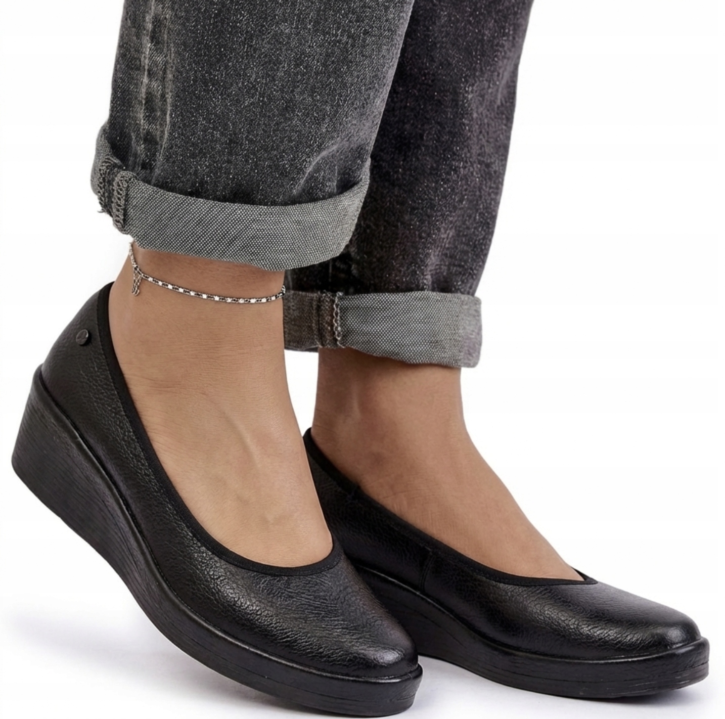 Skórzane Półbuty Na Koturnie Buty Damskie Vinceza 39987 Wsuwane Czarne 36