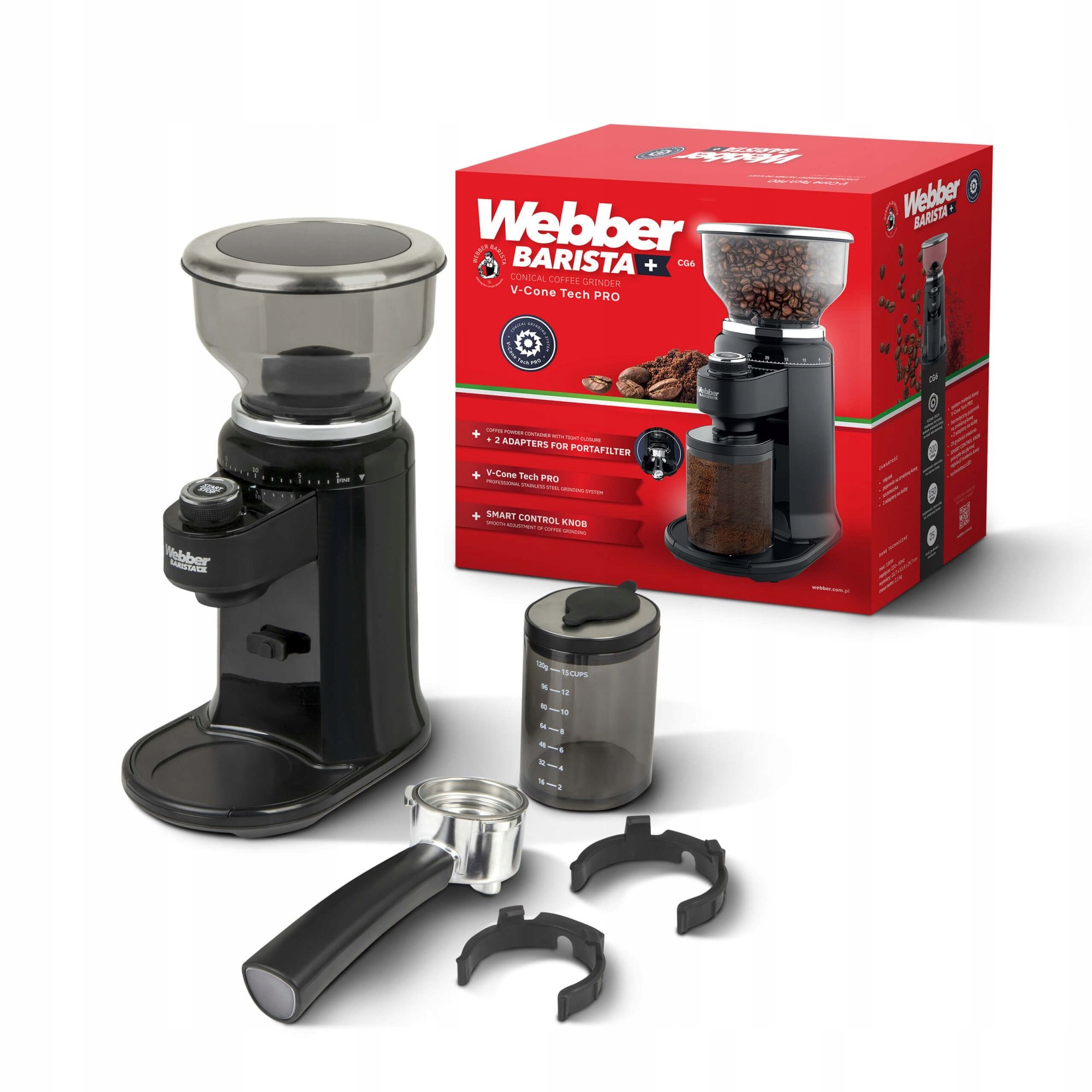 Elektrický mlýnek na kávu s mlecími kameny Webber CG6 25 nastavení V-Cone Tech Pro