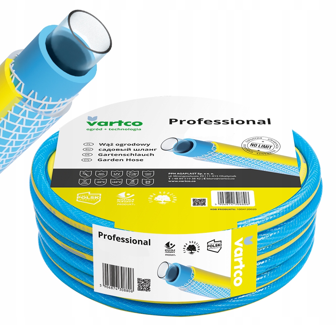 Zahradní Hadice Na Vodu 3/4" 50 M, 4-VRSTVÁ, Profesionální Vartco