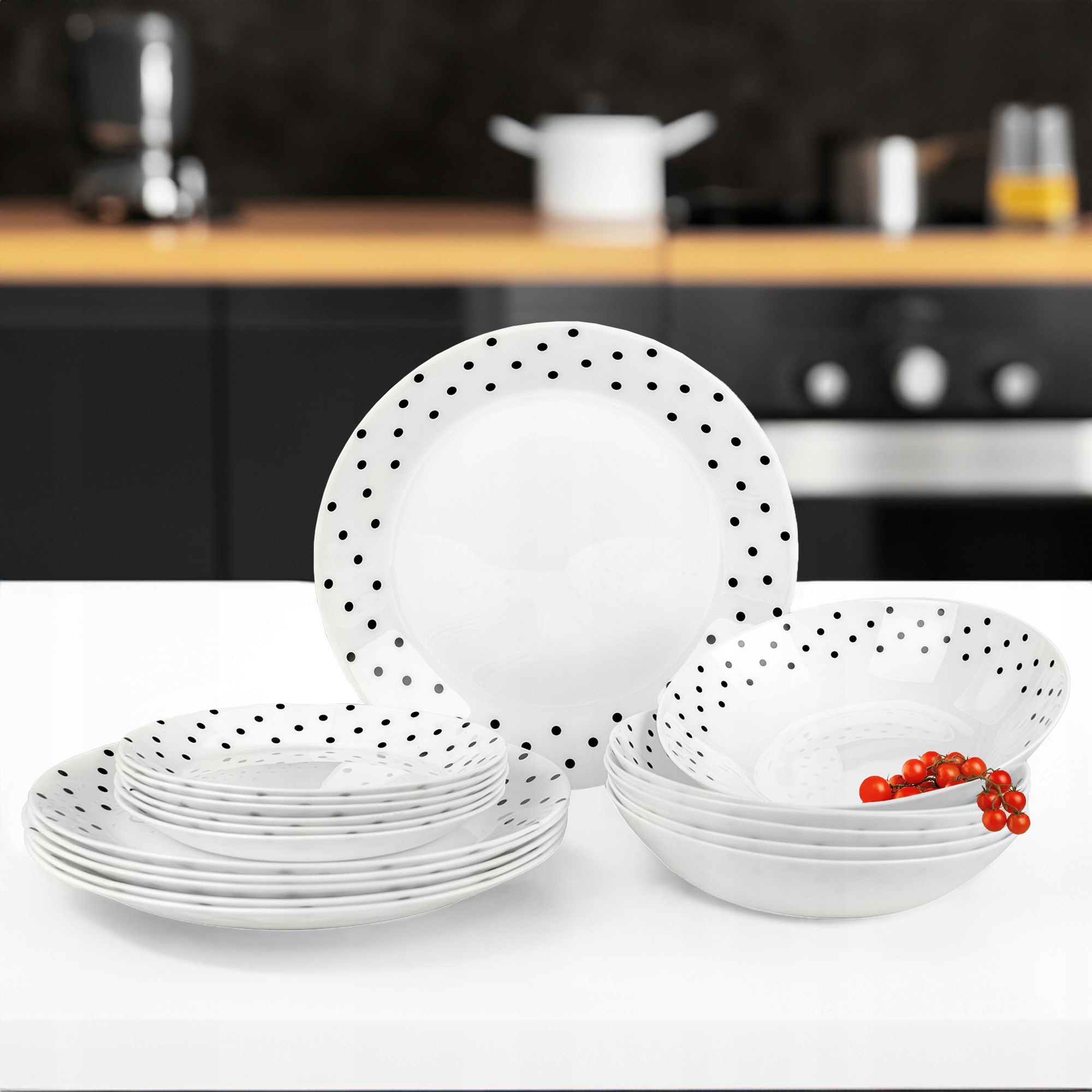 SERWIS OBIADOWY 18 ELEM DLA 6 OSÓB KPL TALERZY ZE ZDOBIENIEM W KROPKI SZKŁO