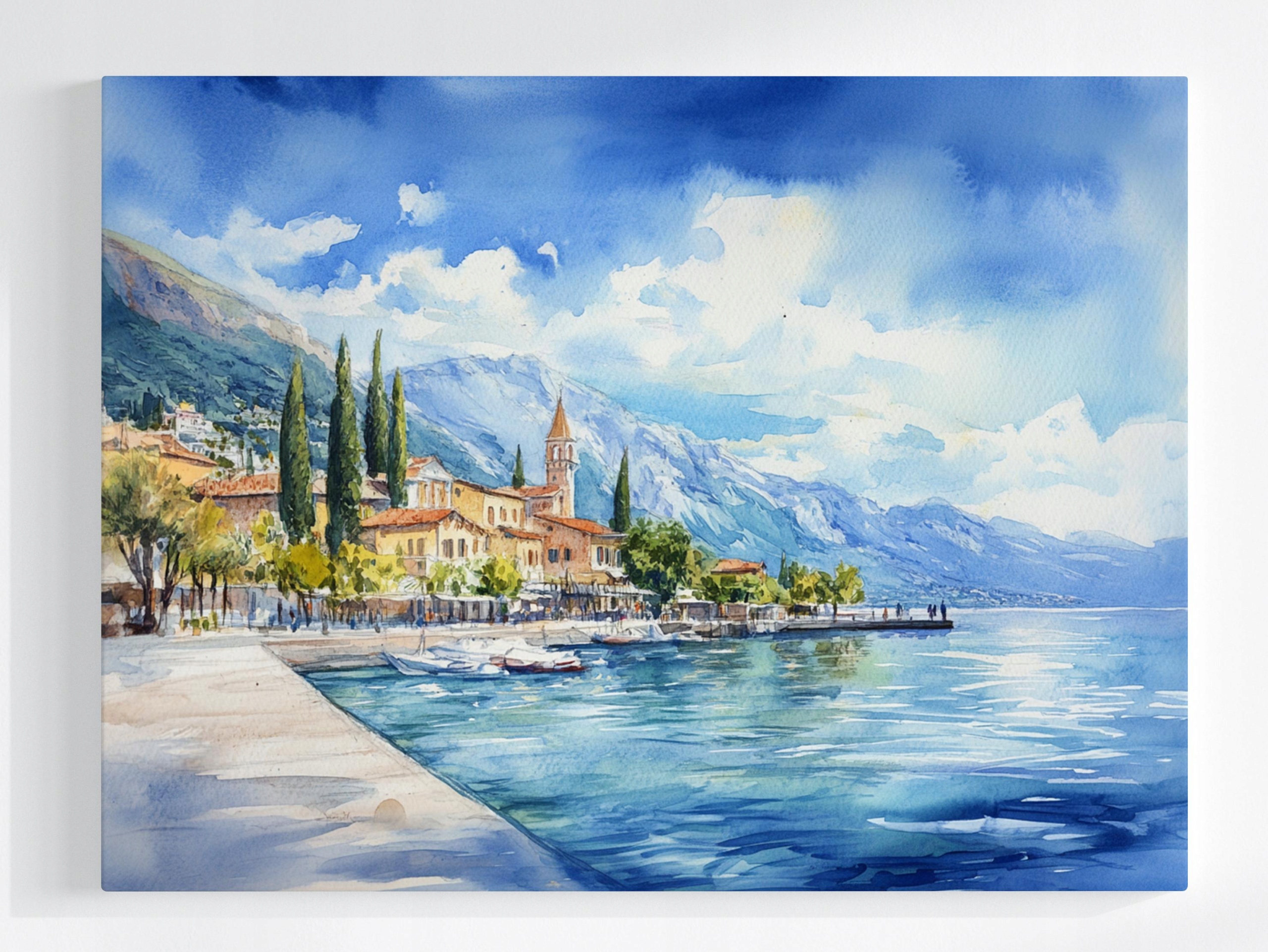 Obraz Na Plátně Canvas Jezero Itálie Krajina Hory Garda Akvarel 100x75