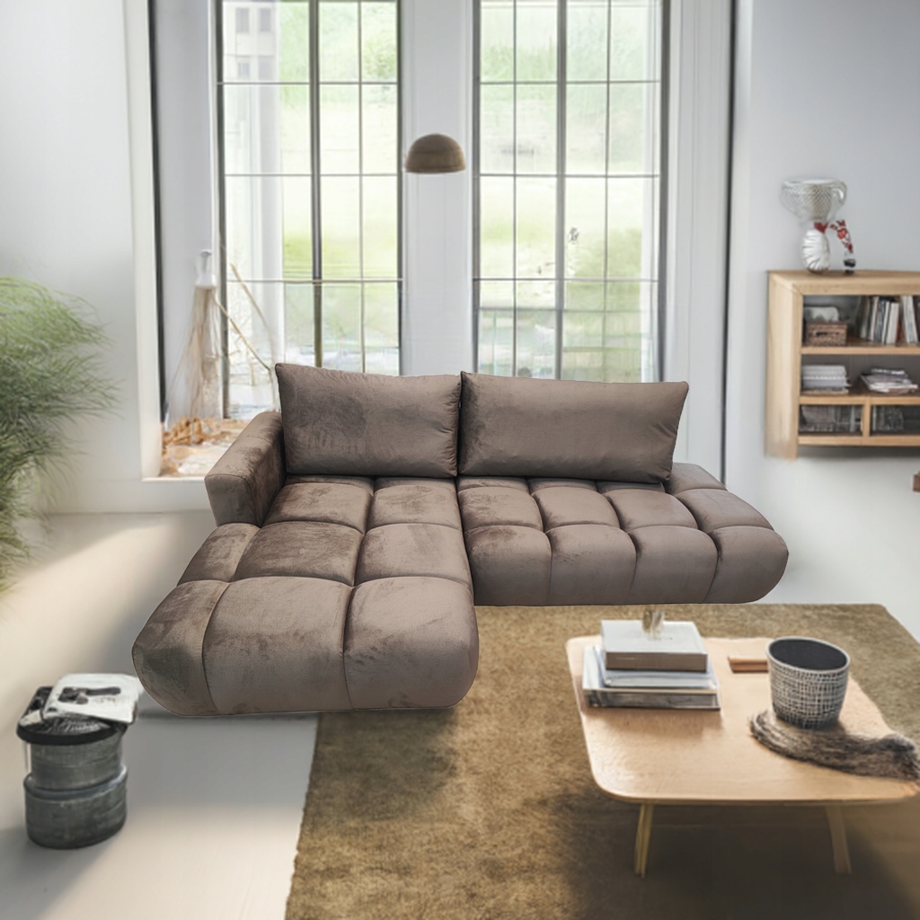 Hnědý Rohová Sedací Souprava Rozkládací S Funkcí Spaní Rohová Sedačka Soffi Velurová Nádoba