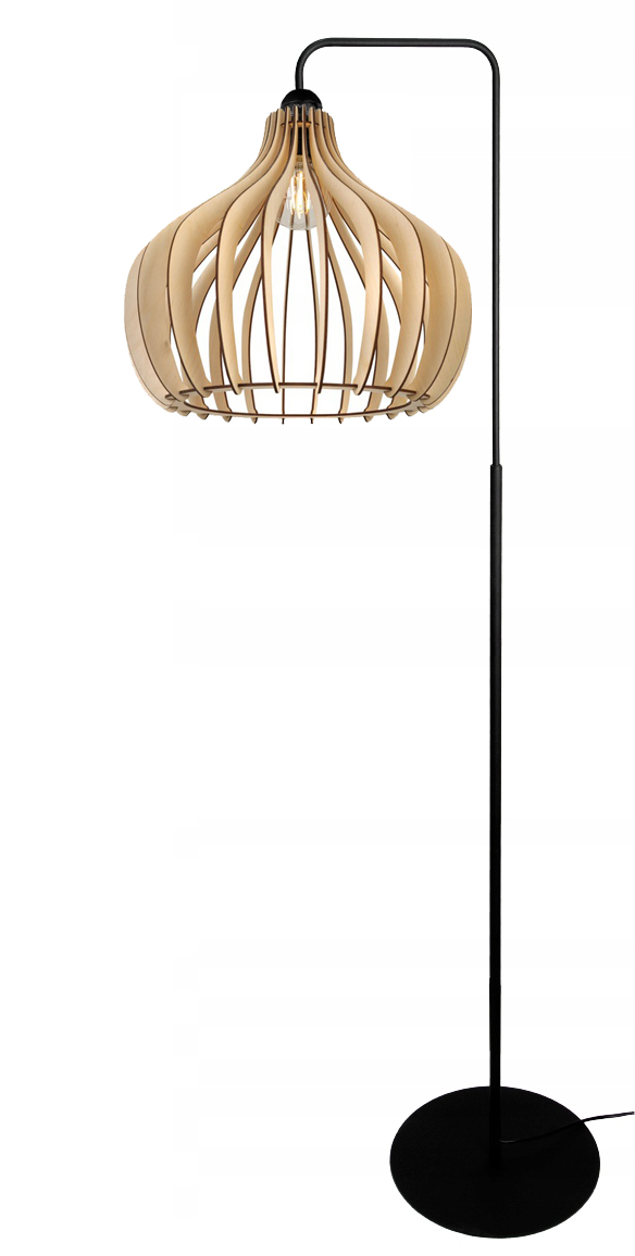 Stojací lampa loftová na led E27, pevná, ohnutá, se stínidlem, dřevo, 150 cm