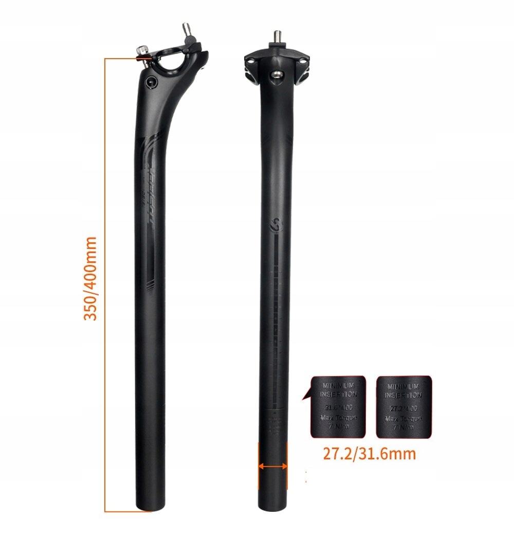 WSPORNIK SIODŁA SZTYCA WŁÓKNO WĘGLOWE 27,2x350 Długość 400 mm