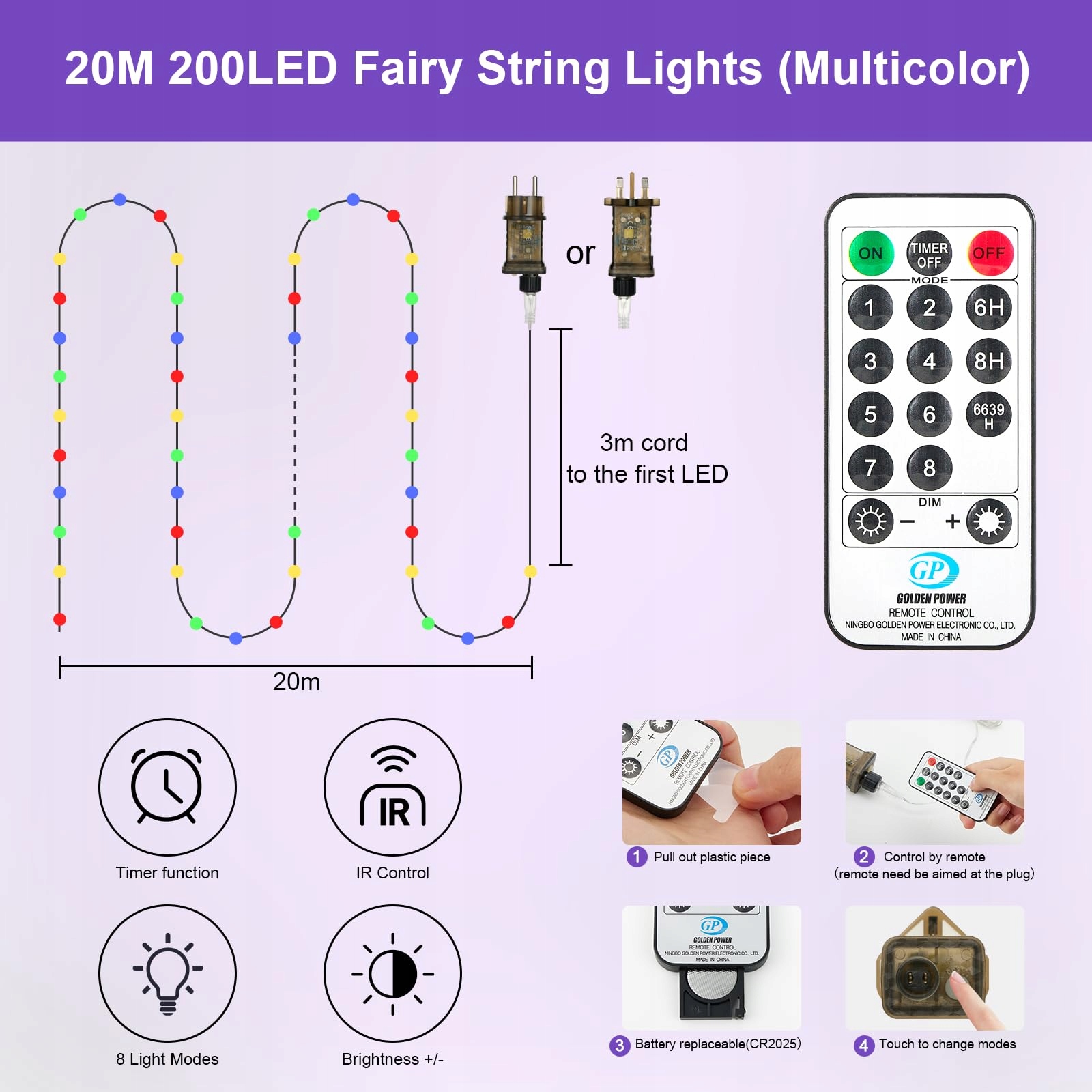 VACOULERY Lampki Świąteczne Wodoodporne Z Pilotem Multikolor 23M 200 LED — miniatura 9