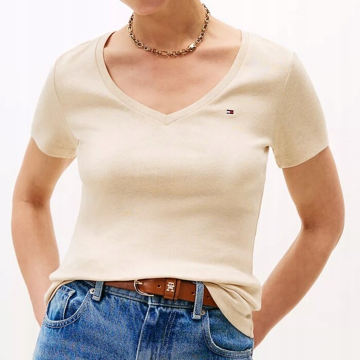 Tričko Tommy Hilfiger bavlněné, béžové, klasické, L (nové)