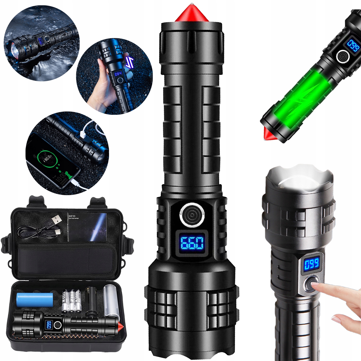 Taktická Led Svítilna Výkonná Zoom XHP70.2 10000LM 26650 5000 mAh Usb-c