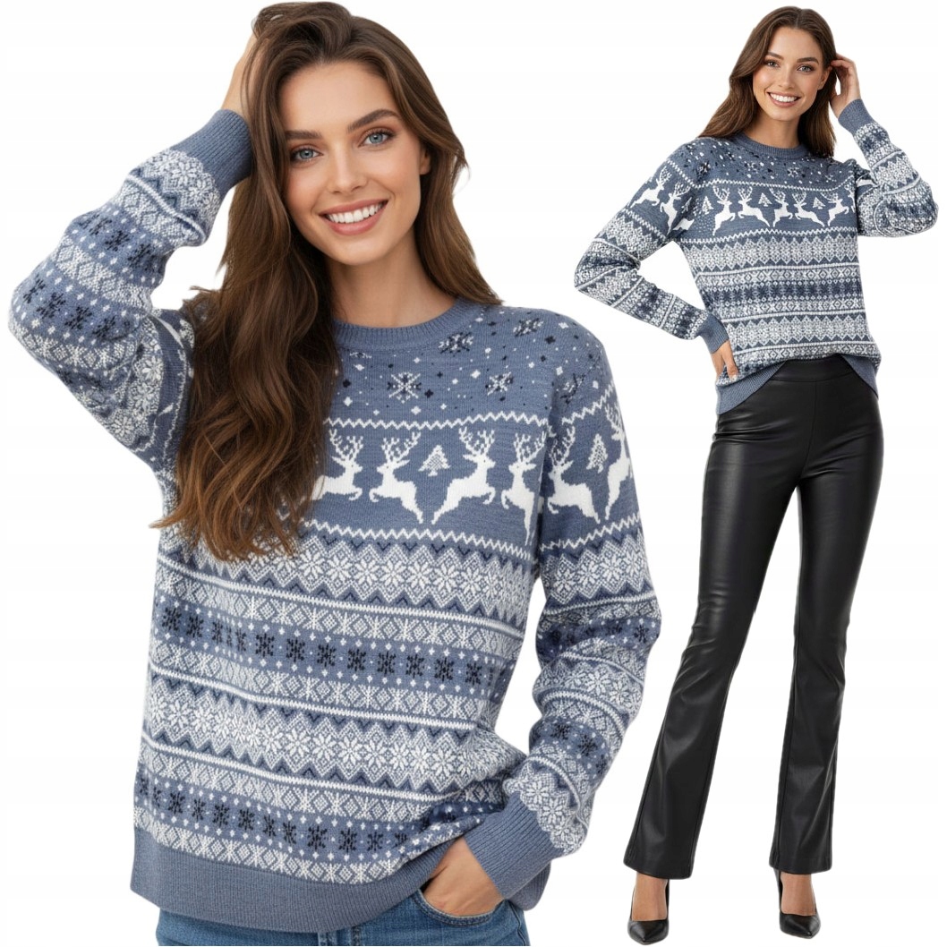 Dámský vánoční svetr modrý norský vzor sobů teplý módní vlna vel. L