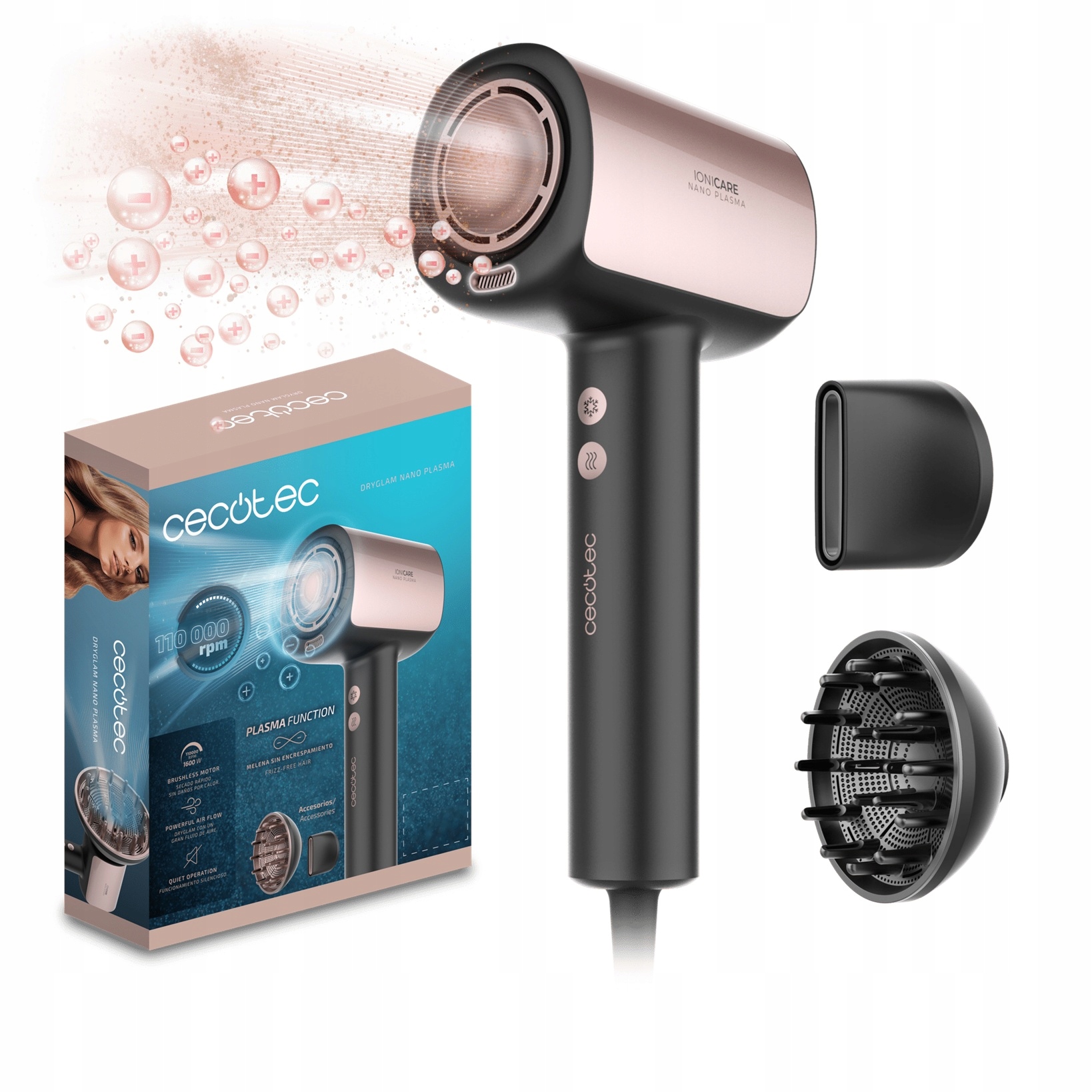 Suszarka do Włosów Cecotec DryGlam Nano Plasma Black 1600W Dyfuzor Czarny