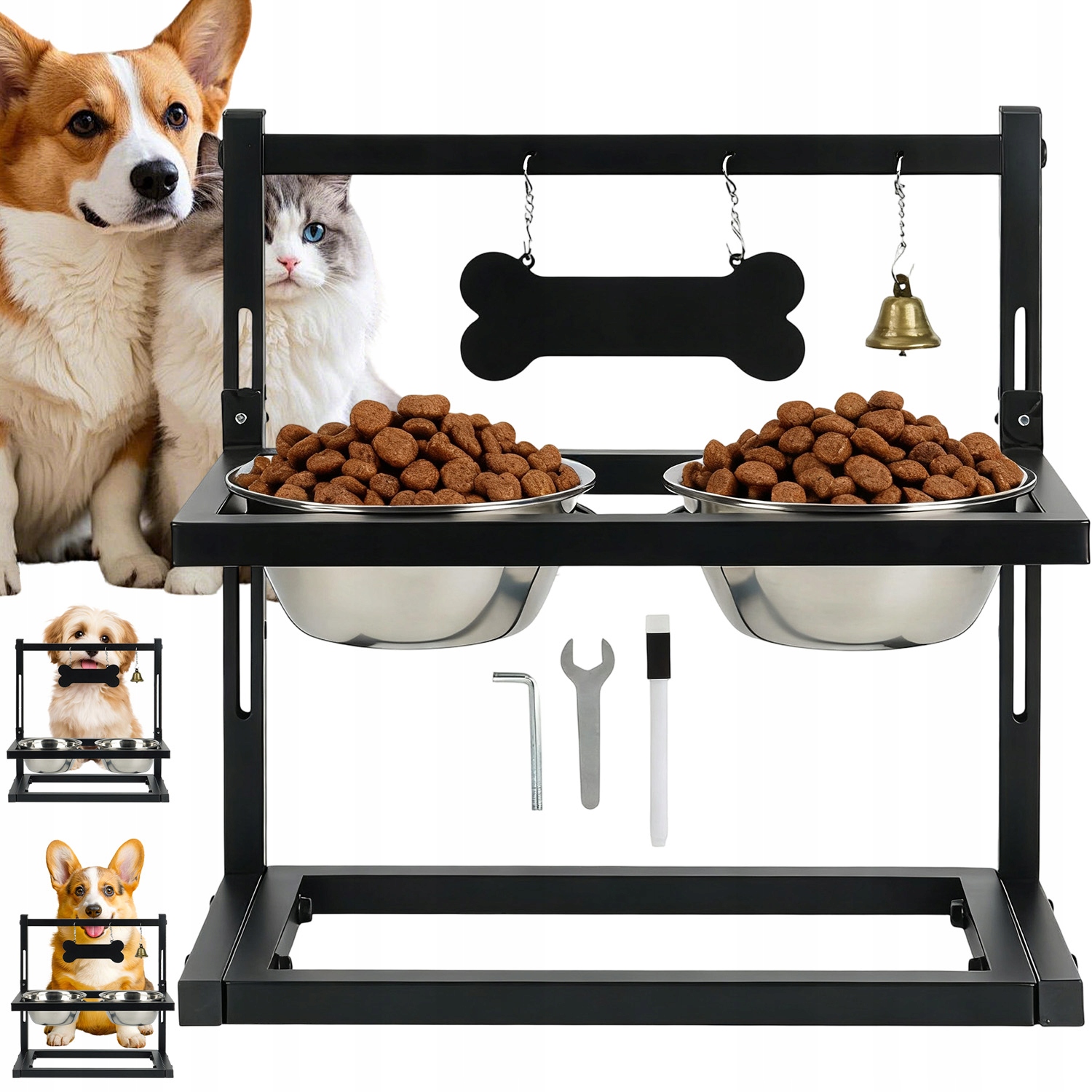 Levně Miska Pro Psa Dvojitá, Výškově Nastavitelná, Zpomalovací Kovový Stojan