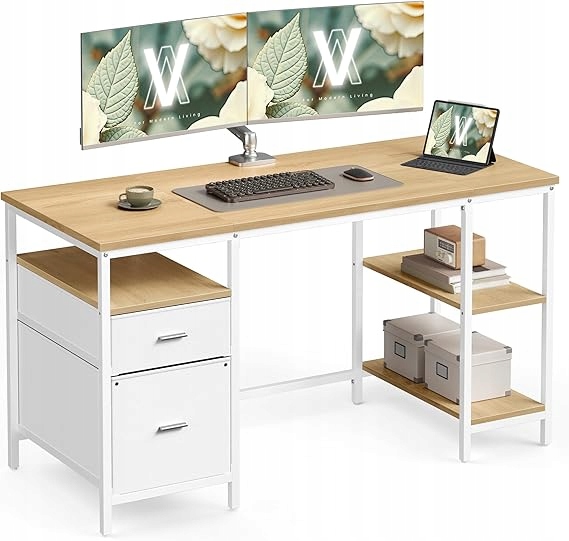 Počítačový stôl 140 cm s zásuvkami a policami Loft Dub biely Vasagle