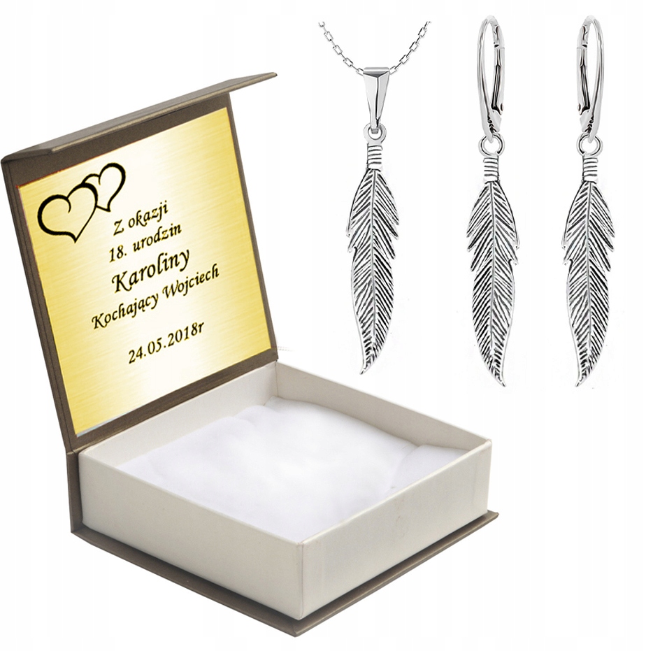 

Komplet Biżuterii Srebrne Piórka Pióra + Grawer
