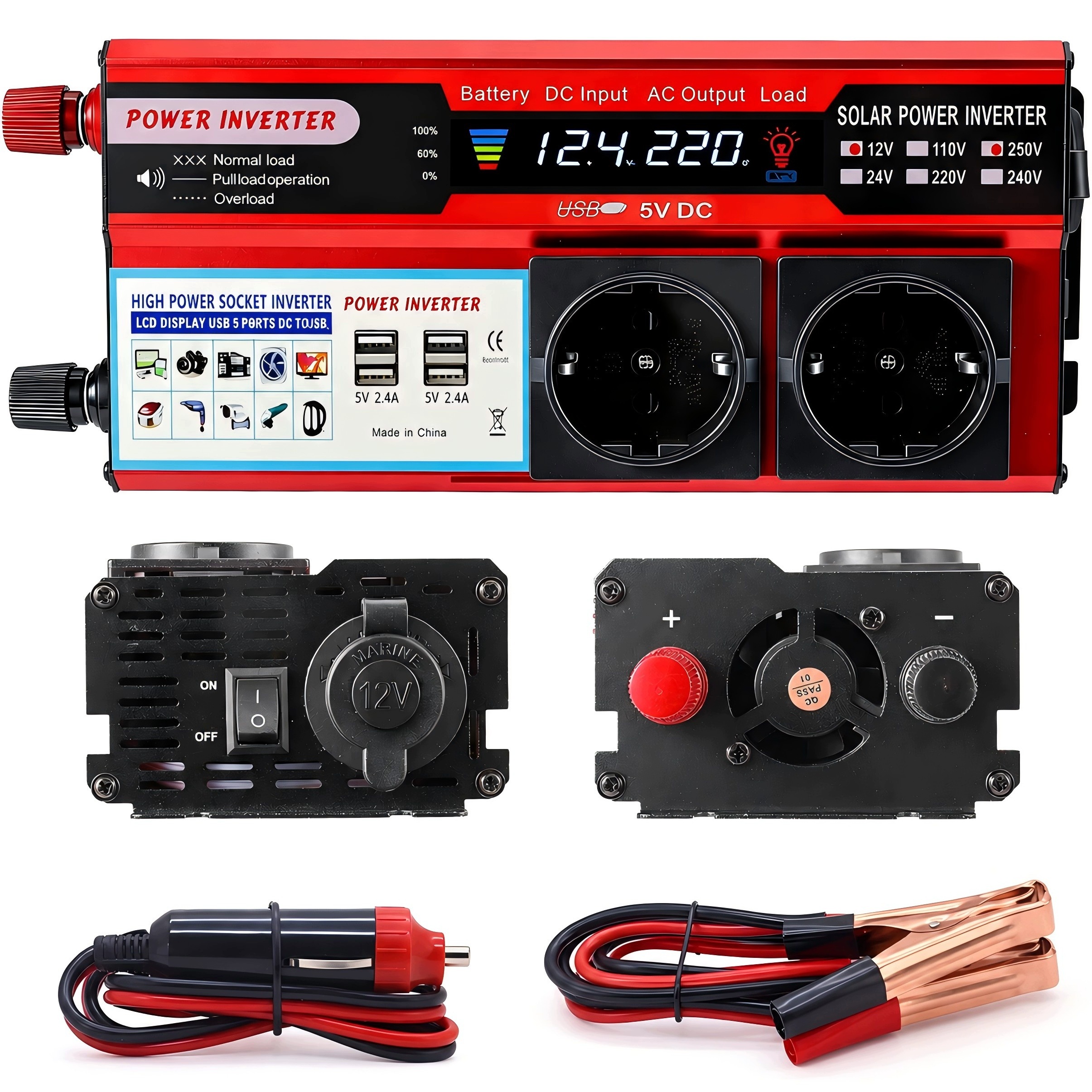 Měnič Napětí Automobilová S LCD Obrazovkou 12V 230V 1000W 2000W 4x Usb