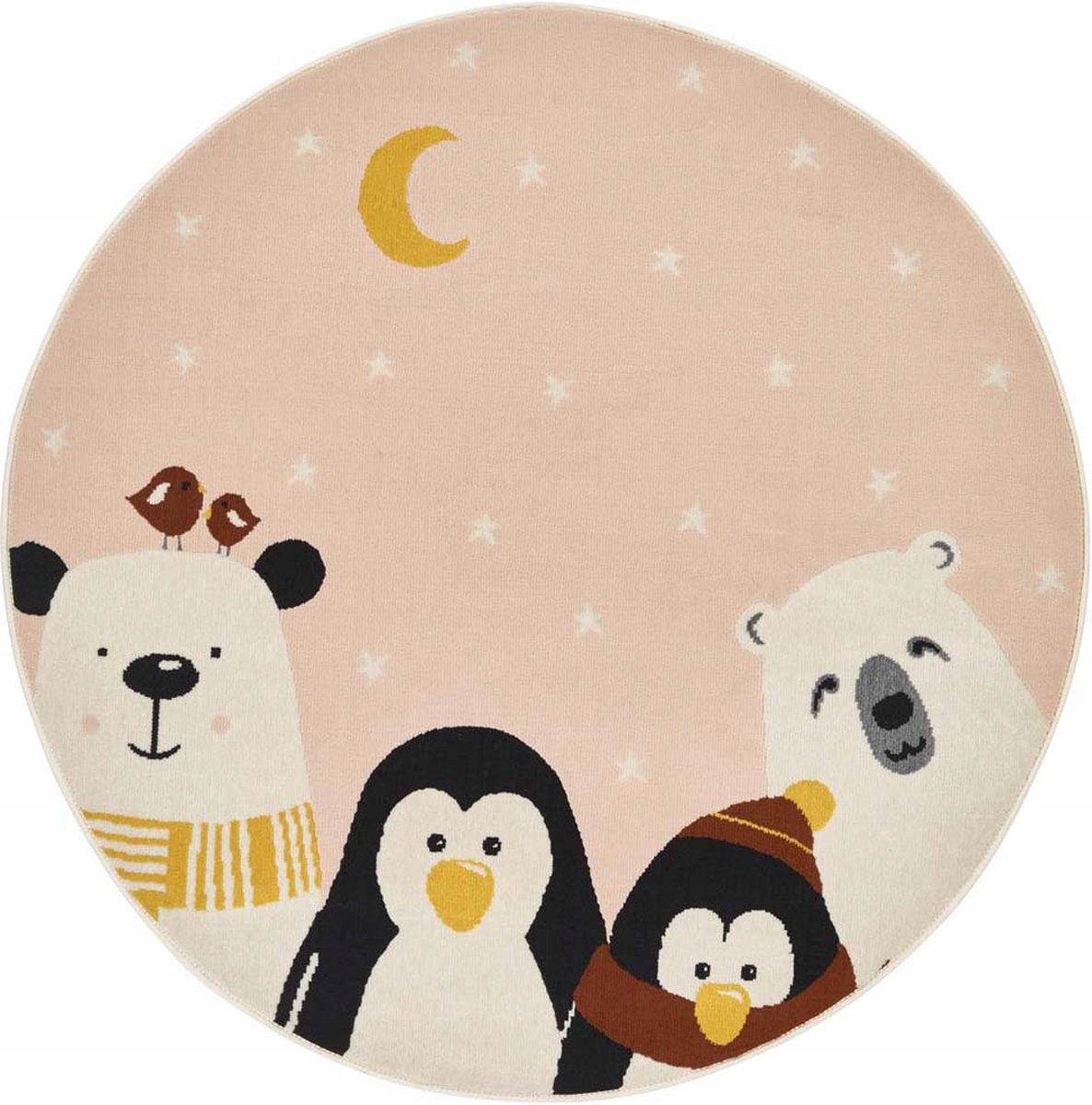 Krémový kulatý měkký koberec pro děti, medvídky a tučňáky, kruh 120 cm