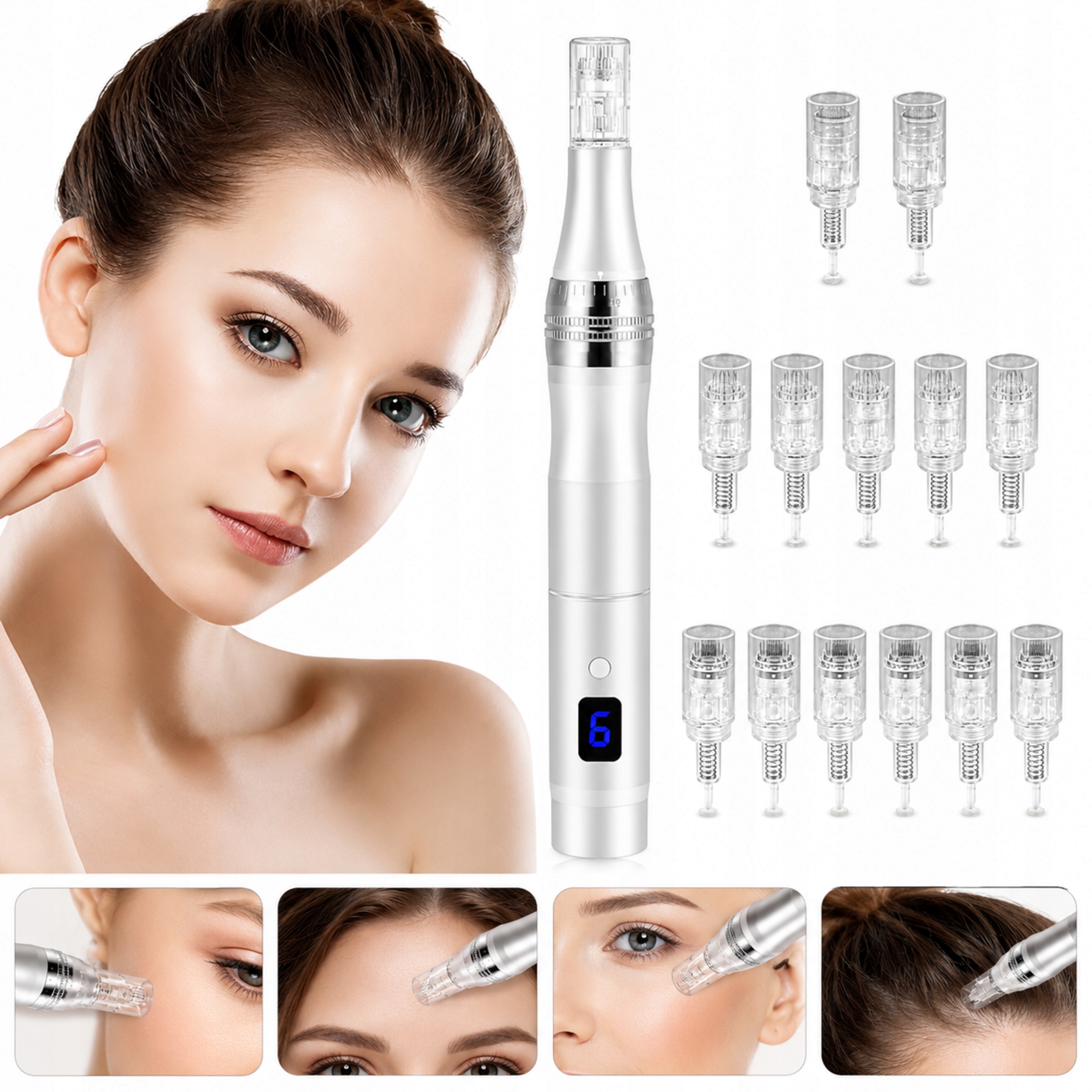 Dermapen Bezdrátový LCD 5 rychlostních stupňů 0-2,5 mm, sada 12 kartuší na kůži