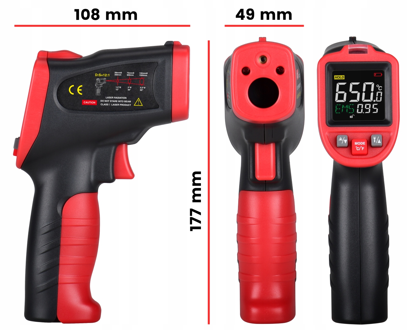 PIROMETR TERMOMETR LASEROWY BEZDOTYKOWY NA PODCZERWIEŃ EMISYJNOŚĆ -50+650°C Zakres pomiaru temperatury od -50 do 650°C