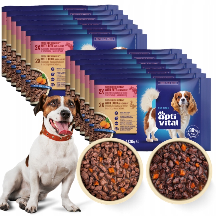 Levně Krmivo Mokré Pro Dospělé Psy Optivital Kachna Hovězí MIX V Omáčce 60X85 G