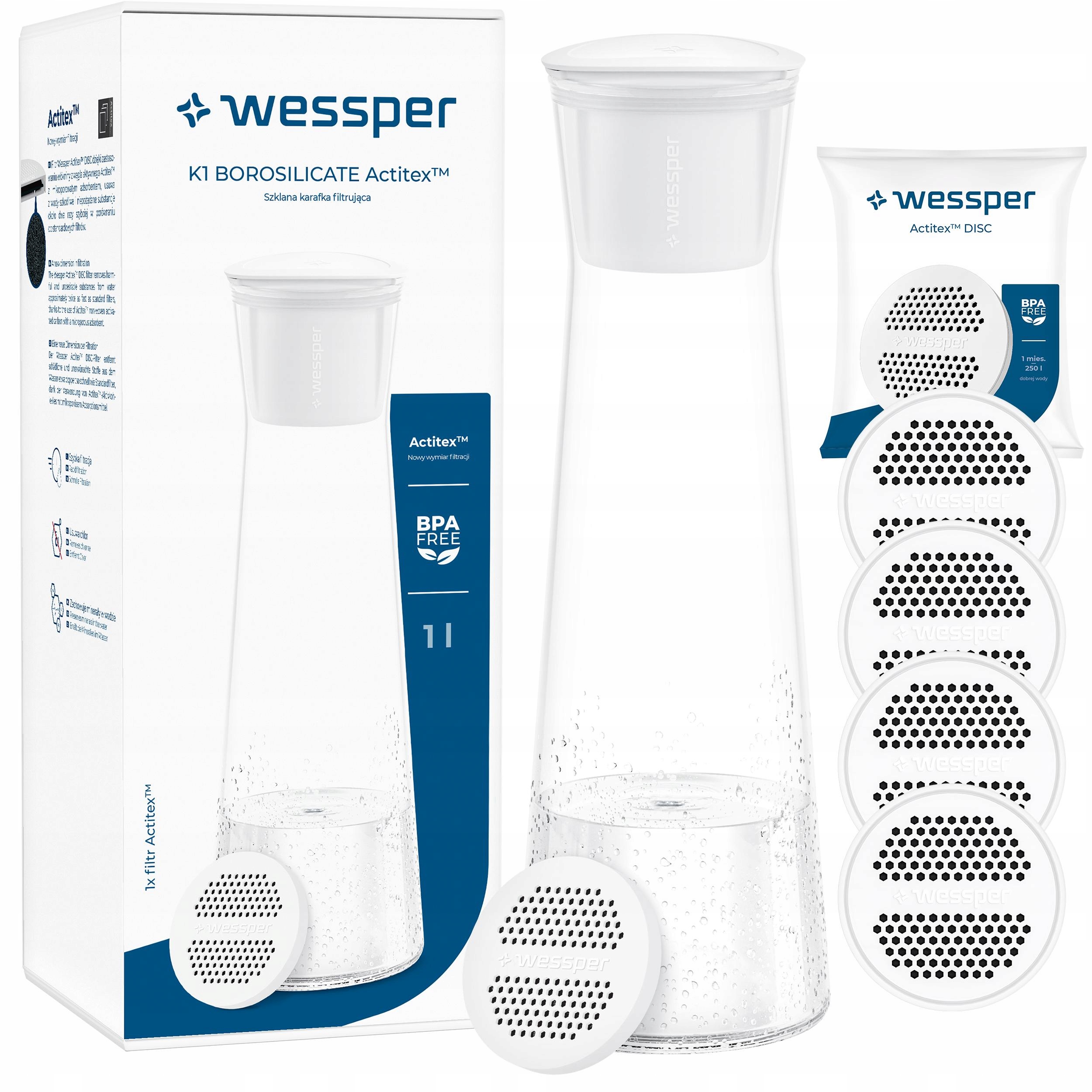 Skleněná karafa na vodu a nápoje Wessper 1 l s 5 filtry na kohoutkovou vodu