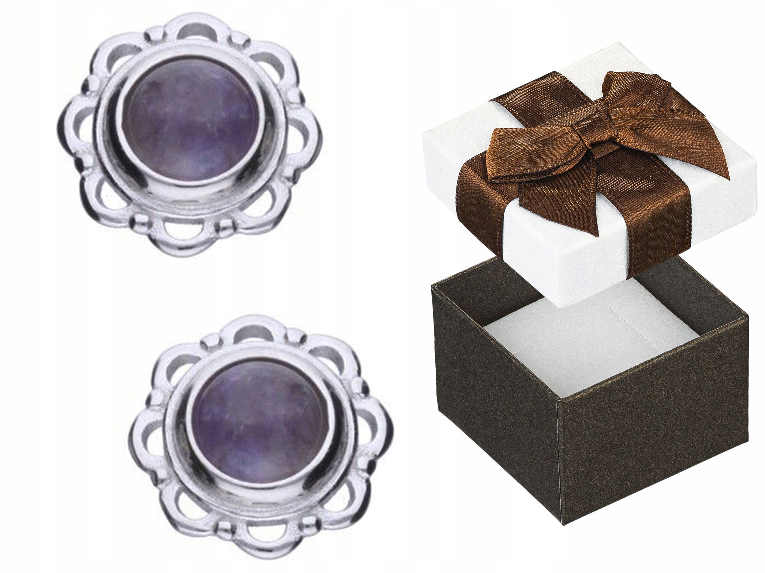 Stříbrné Náušnice Puzetky Kruhy s Přírodním Kamenem Ametyst Ag 925