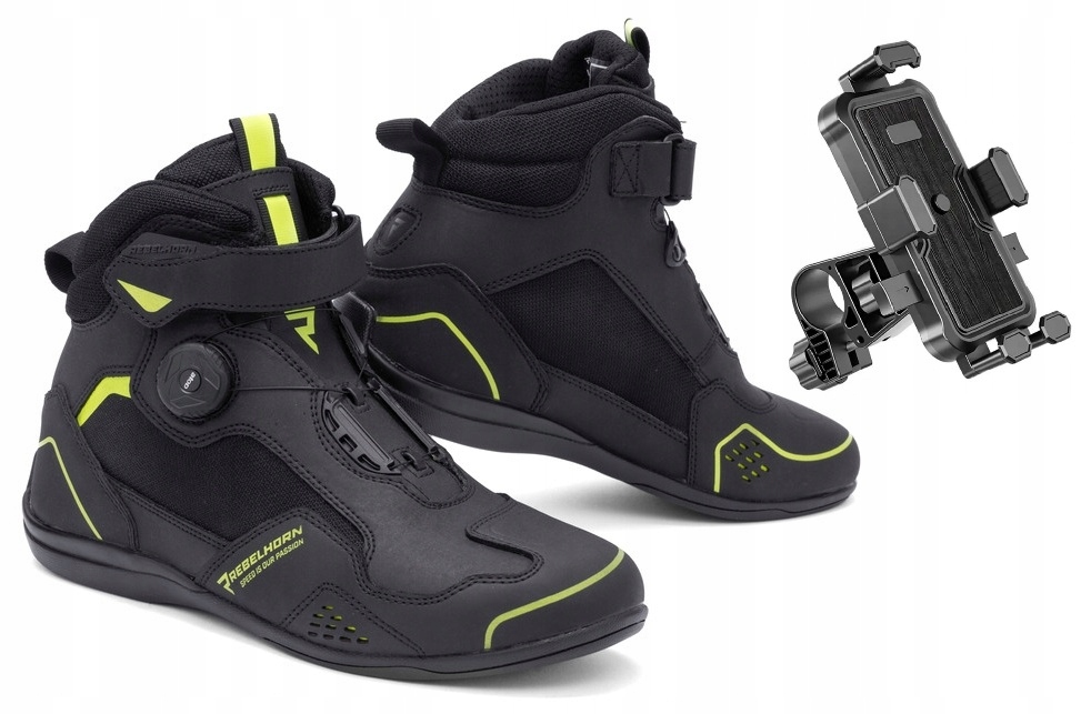 Kožené motocyklové topánky Rebelhorn Spark II Black Yellow 43 s držiakom zdarma