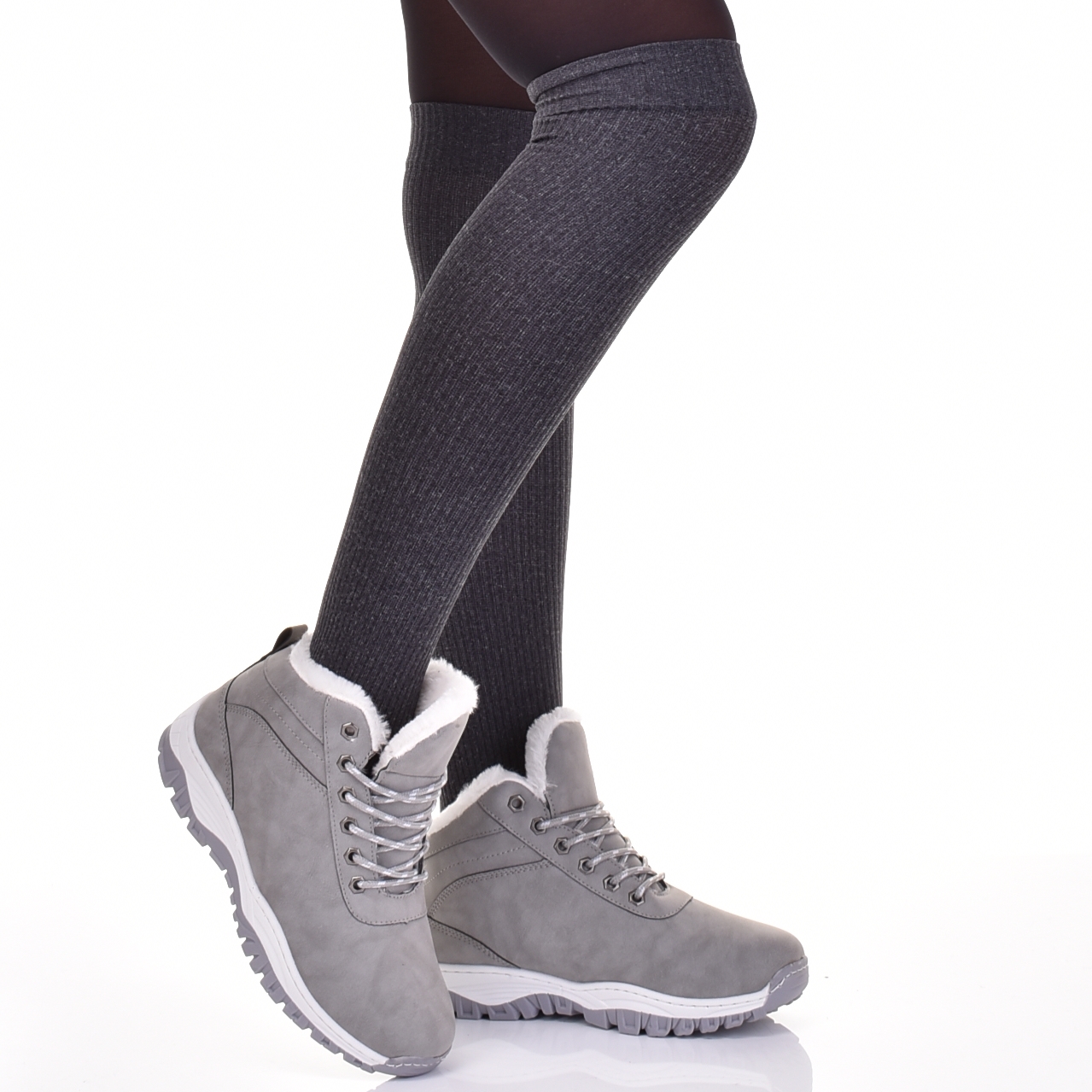 ŚNIEGOWCE DAMSKIE SPORTOWE BUTY ZIMOWE MOCNO OCIEPLONE SKÓRZANE SZARE Marka inna