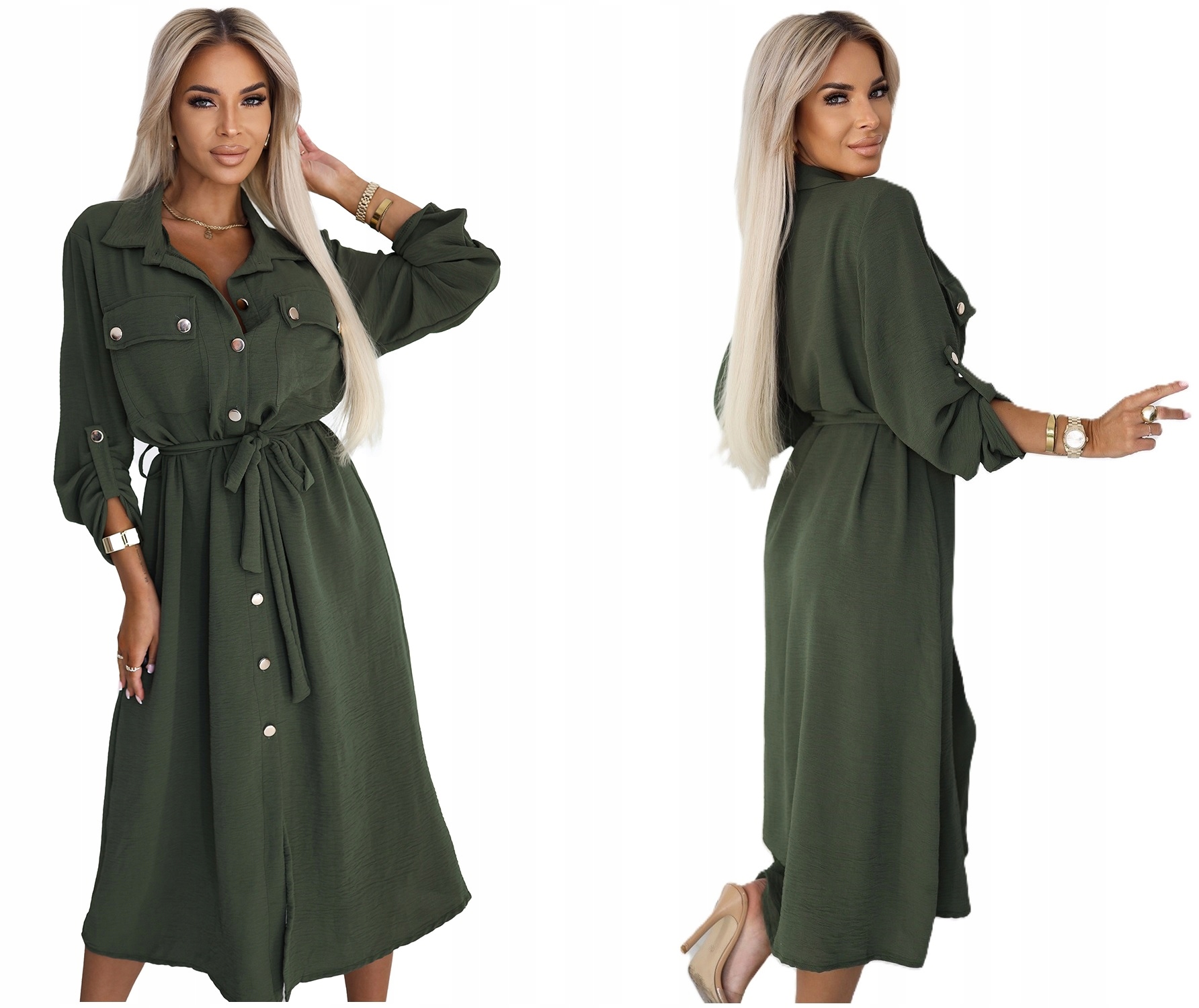 Košilová Sukně Šaty Se Zavazováním V Khaki Pase