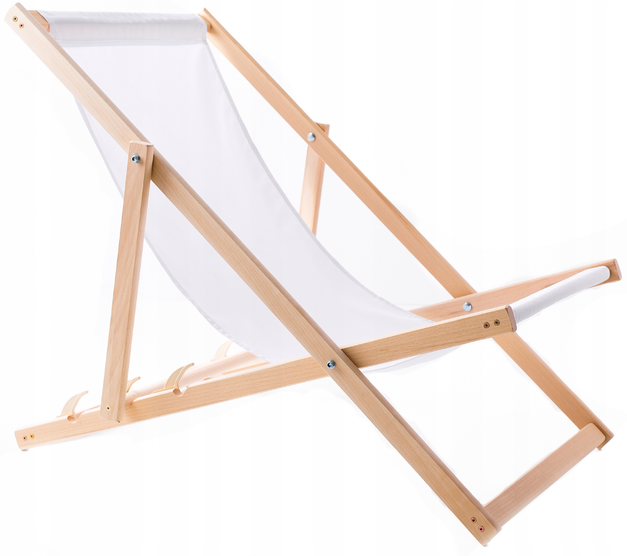 Leżak Plażowy Ogrodowy Drewniany Składany Mocny Woodok Tkanina Biała
