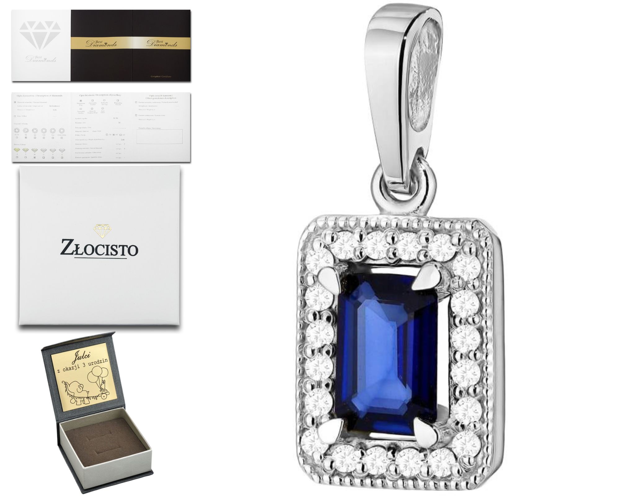 Bílé Zlato Přívěsek Přírodní Kámen Safír Diamanty 585 Dárek