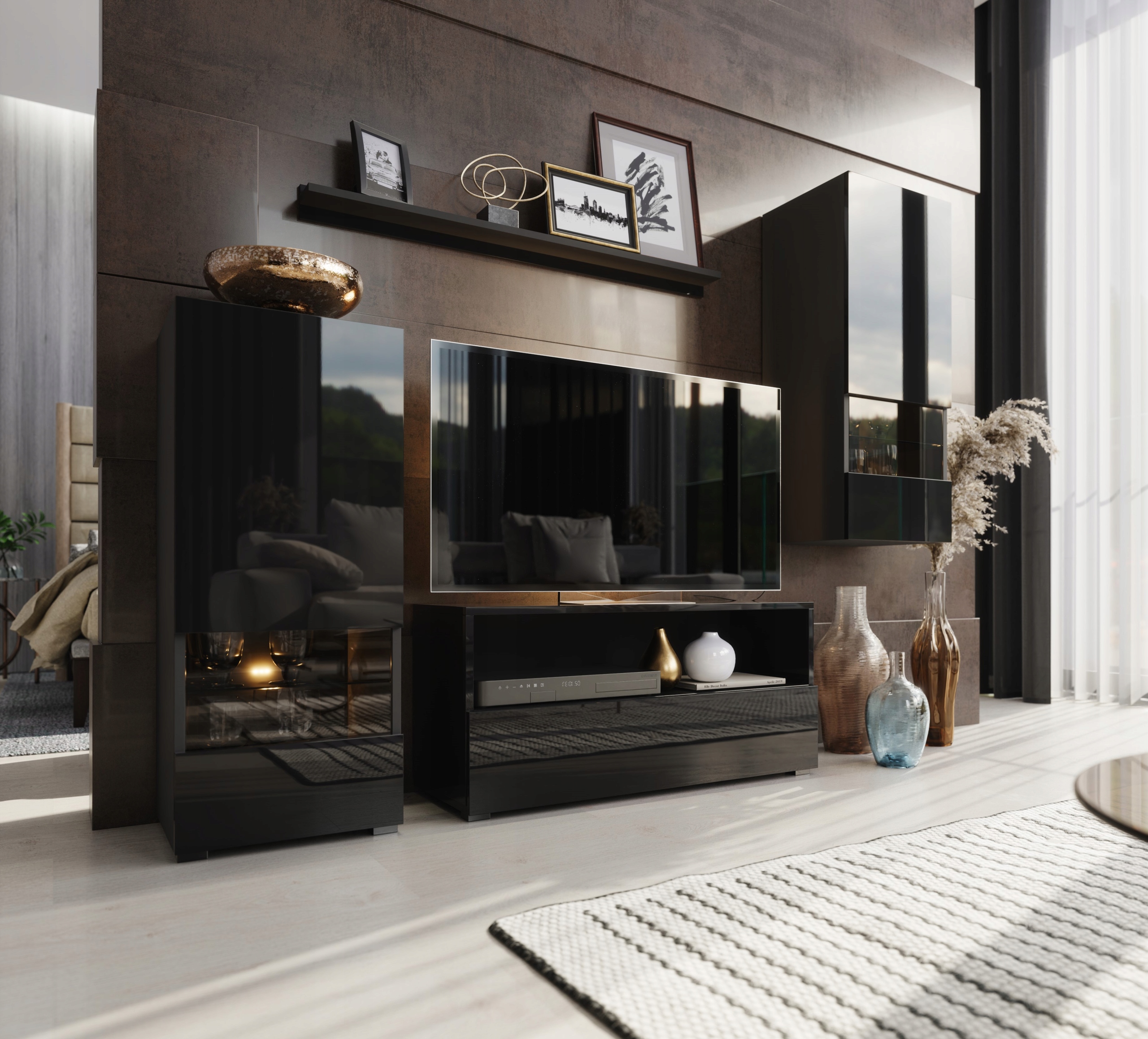 MEBLE SYSTEMOWE DO SALONU BAHAMA B39 CZARNY POŁYSK