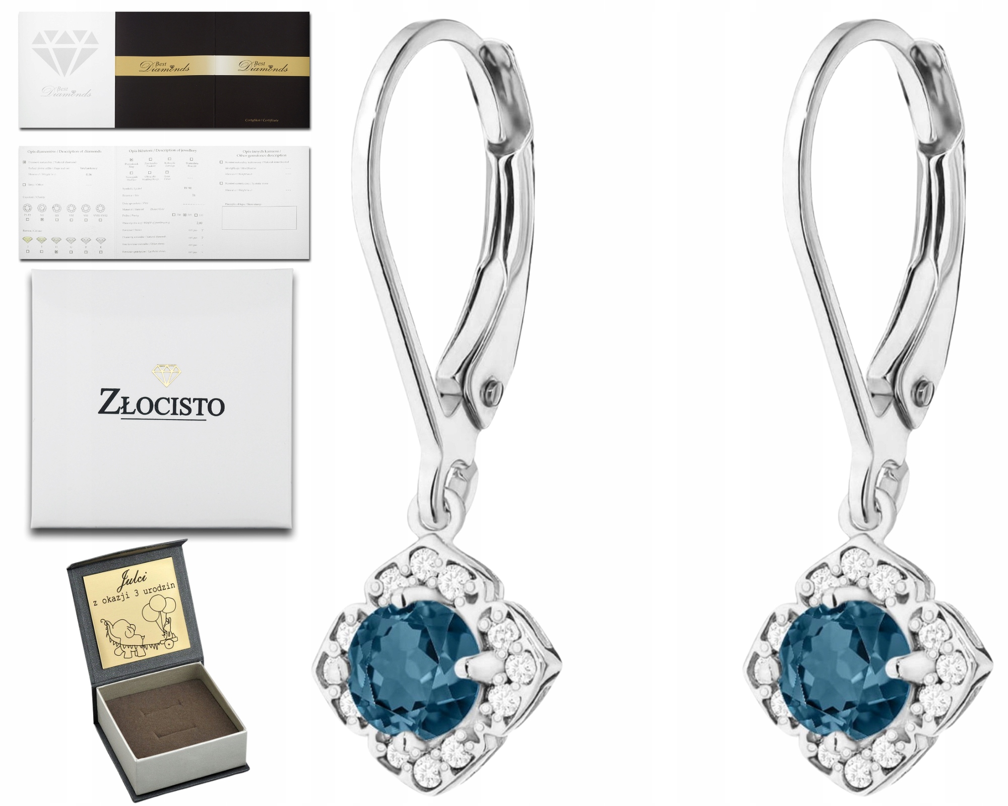 Bílé Zlato Náušnice Závěsné Topaz London Blue Brilianty Anglické Zapínání