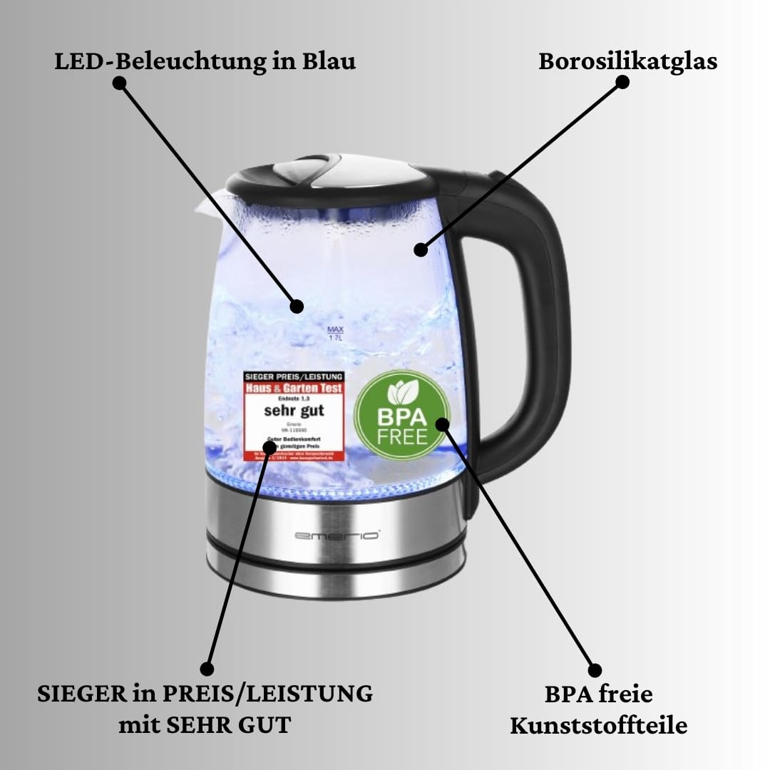 EMERIO Szklany Czajnik Elektryczny 1.7L 2200W LED Bez BPA Borokrzemowy — miniatura 8