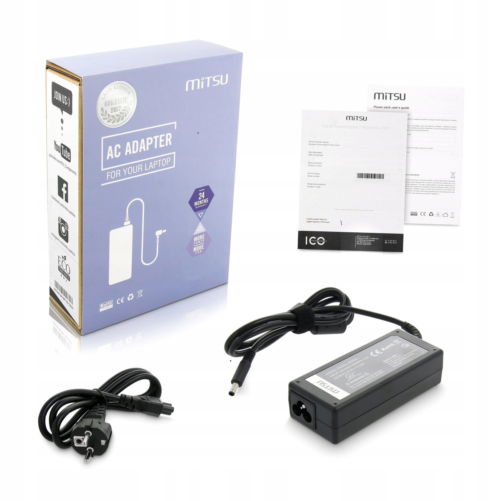 Zasilacz Mitsu 19.5v 3.34a (4.5x3.0 pin) 65W do Dell