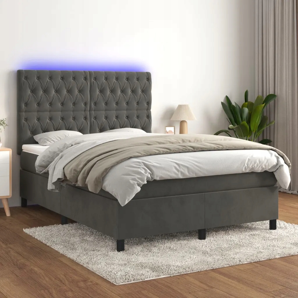 Box spring postel s matrací a Led tmavě šedá 140x200 cm samet Šedá 3136306