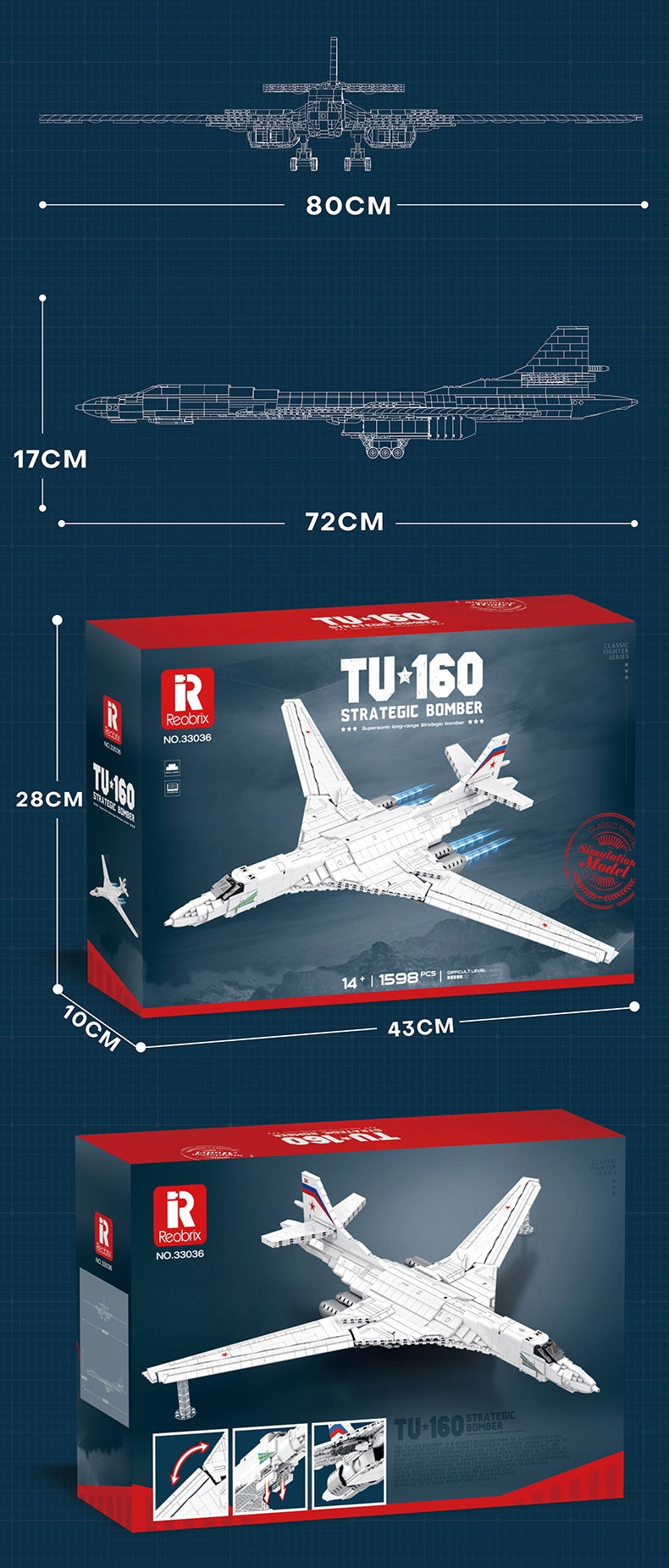 REOBRIX KOCKY RUSKÝ NADZVUKOVÝ BOMBARDÉR TU160 1598 PCS TECHNIKA Vek dieťaťa od 14 rokov