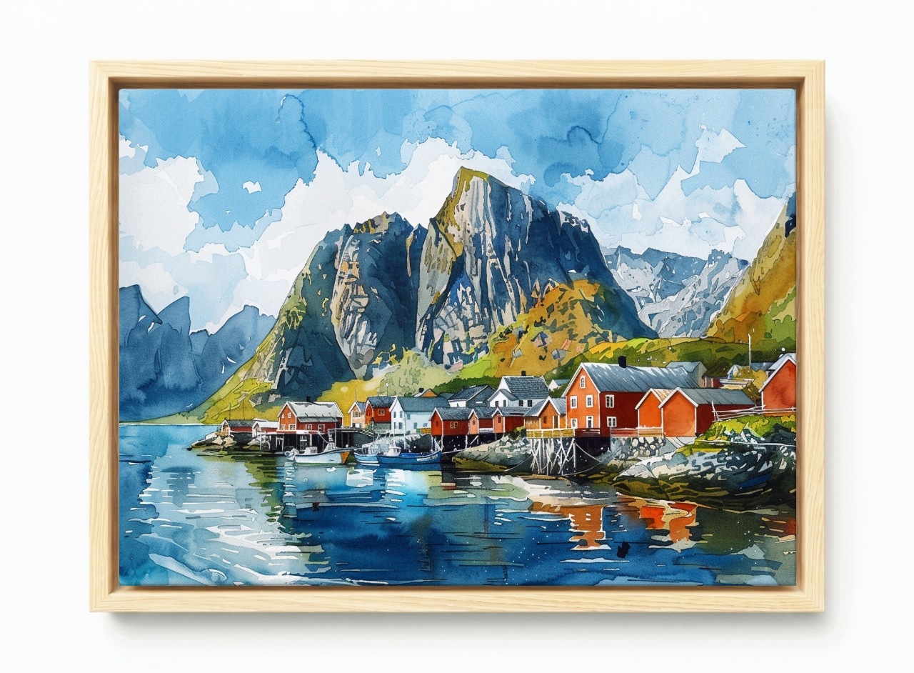Obraz Rám Americký Box Norsko Fiordy Hory Lofoty Domky Akvarel 60x40