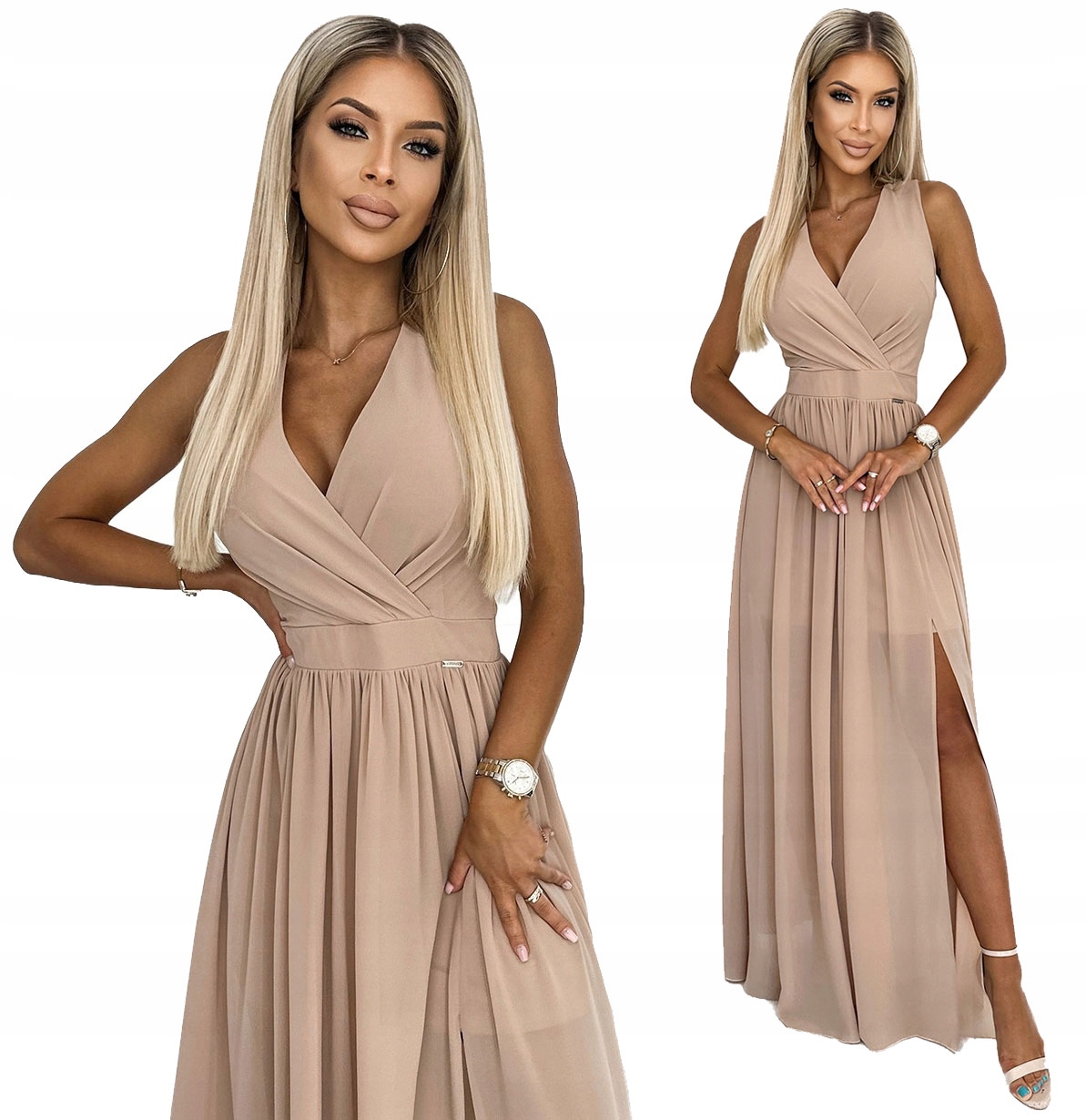 Dlouhé Šaty Se Zavazováním Na Zádech, Bez Rukávů, Výstřih Béžový XL